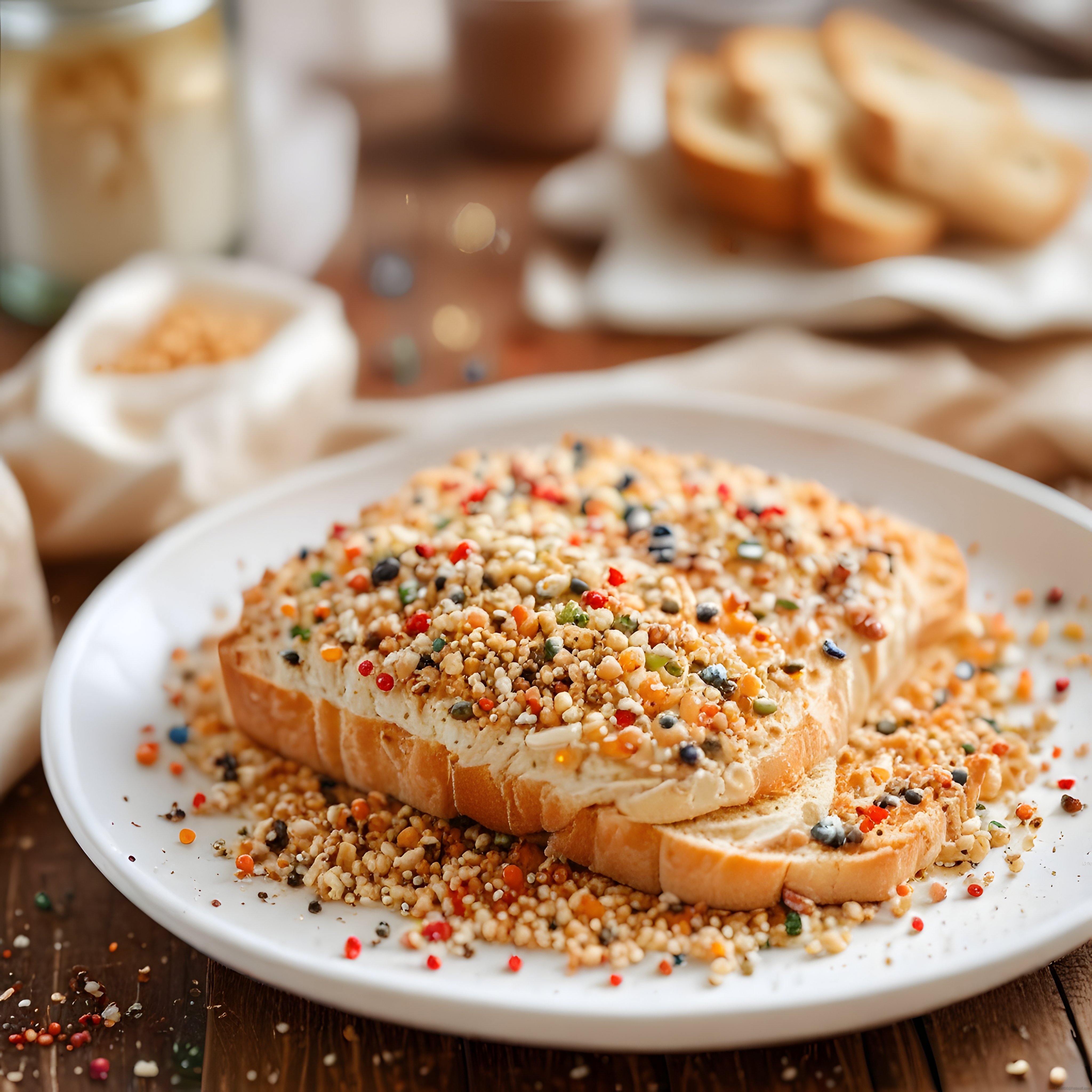 Krem Peynir ve Renkli Tohumlarla Süslenmiş Kahvaltılık Ekmek Dilimleri