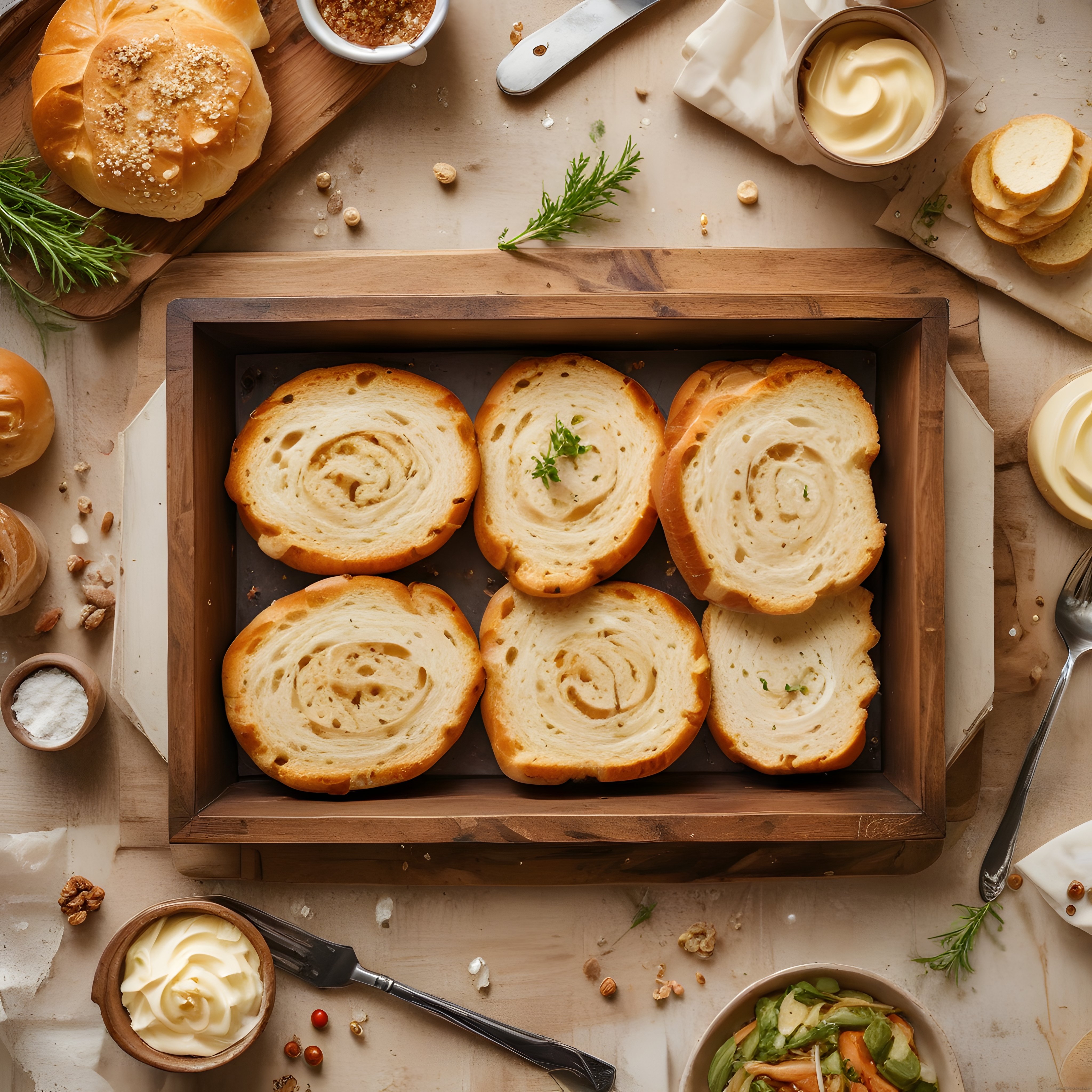 Krem Peynirli Çörek Dilimleriyle Zengin Kahvaltı Sofrası ve Rustik Sunum