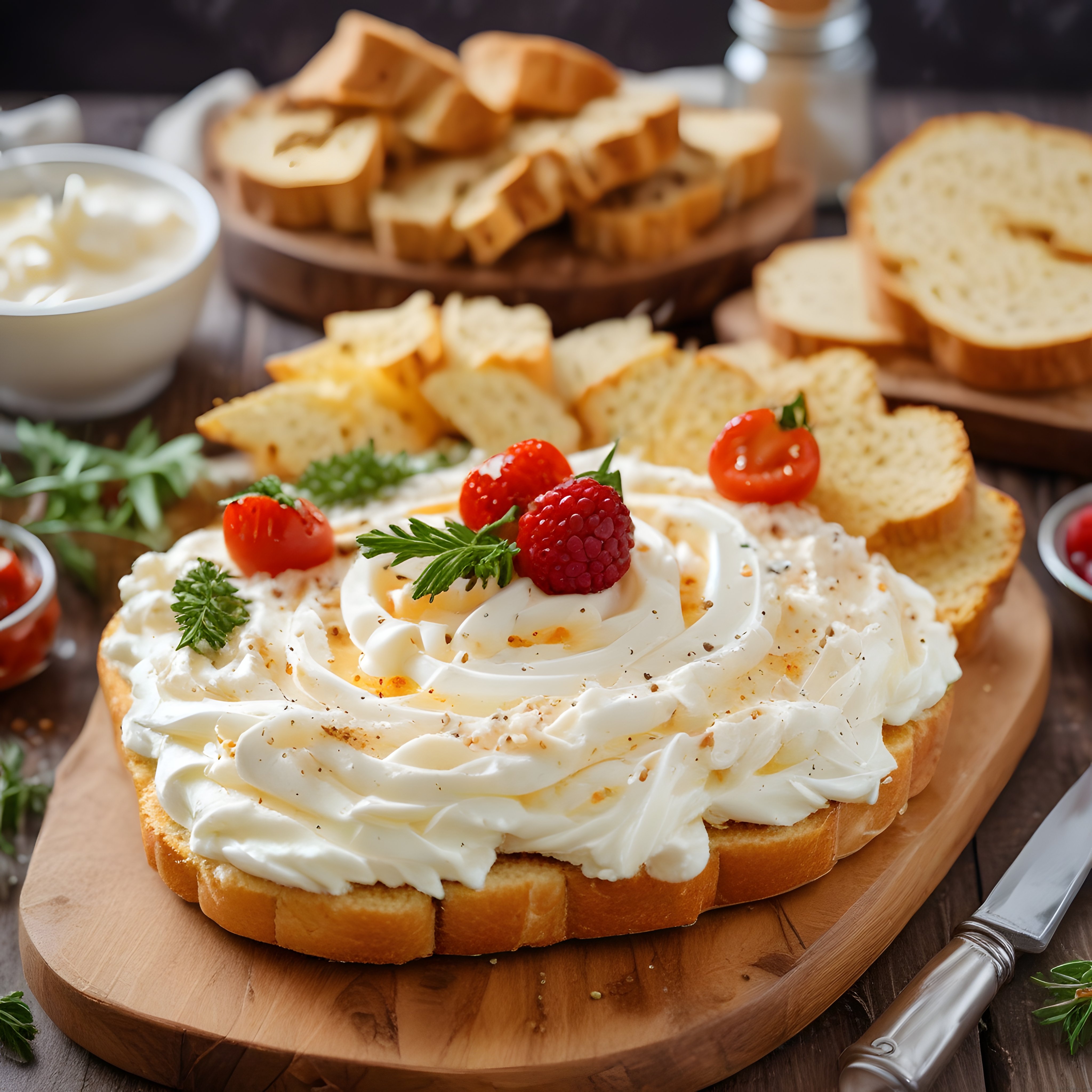 Krem Peynirli Ekmek Dilimleri ve Taze Meyvelerle Kahvaltı Sunumu