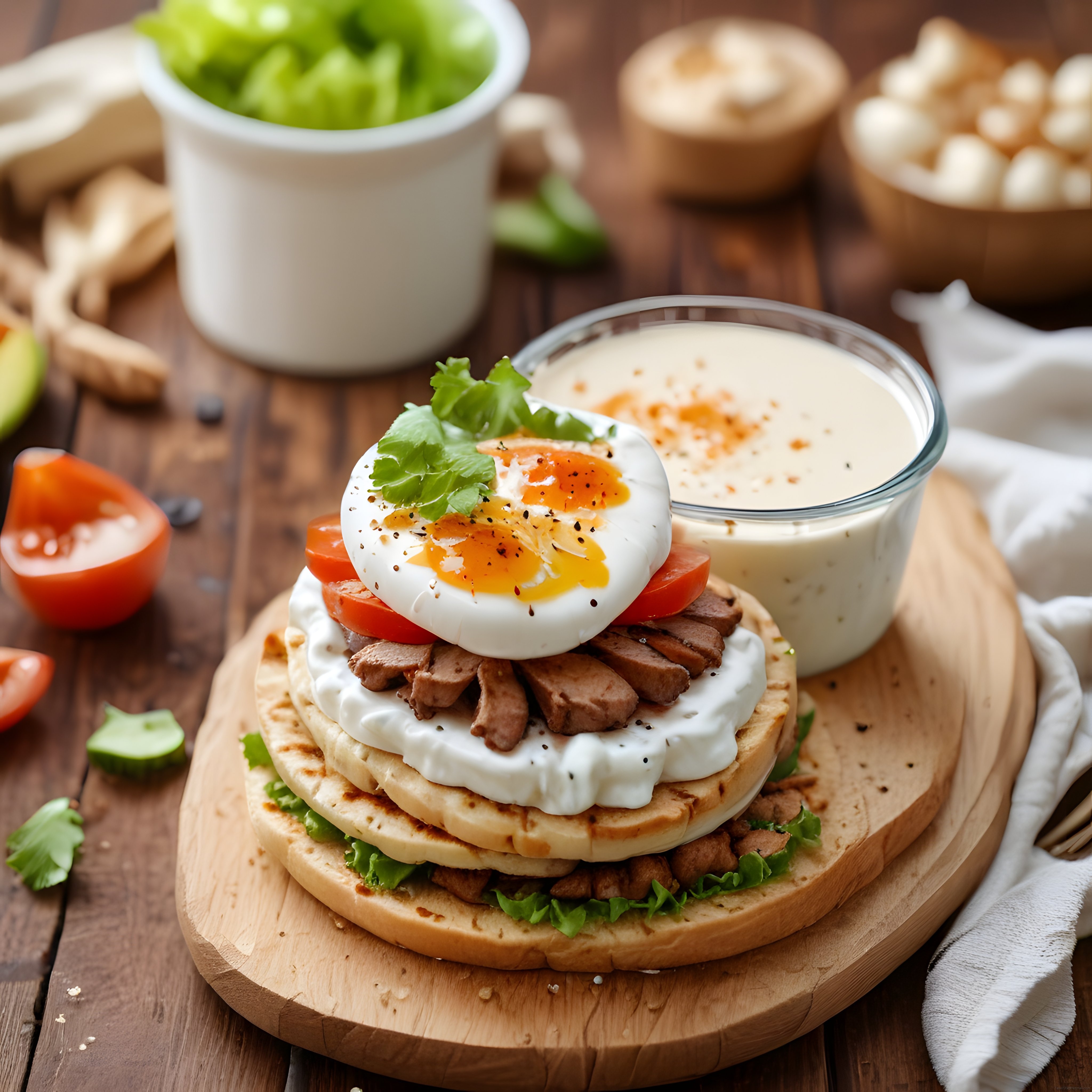 Krem Peynirli, Etli ve Poşe Yumurtalı Kahvaltı Tostu Yanında Sos Kasesi