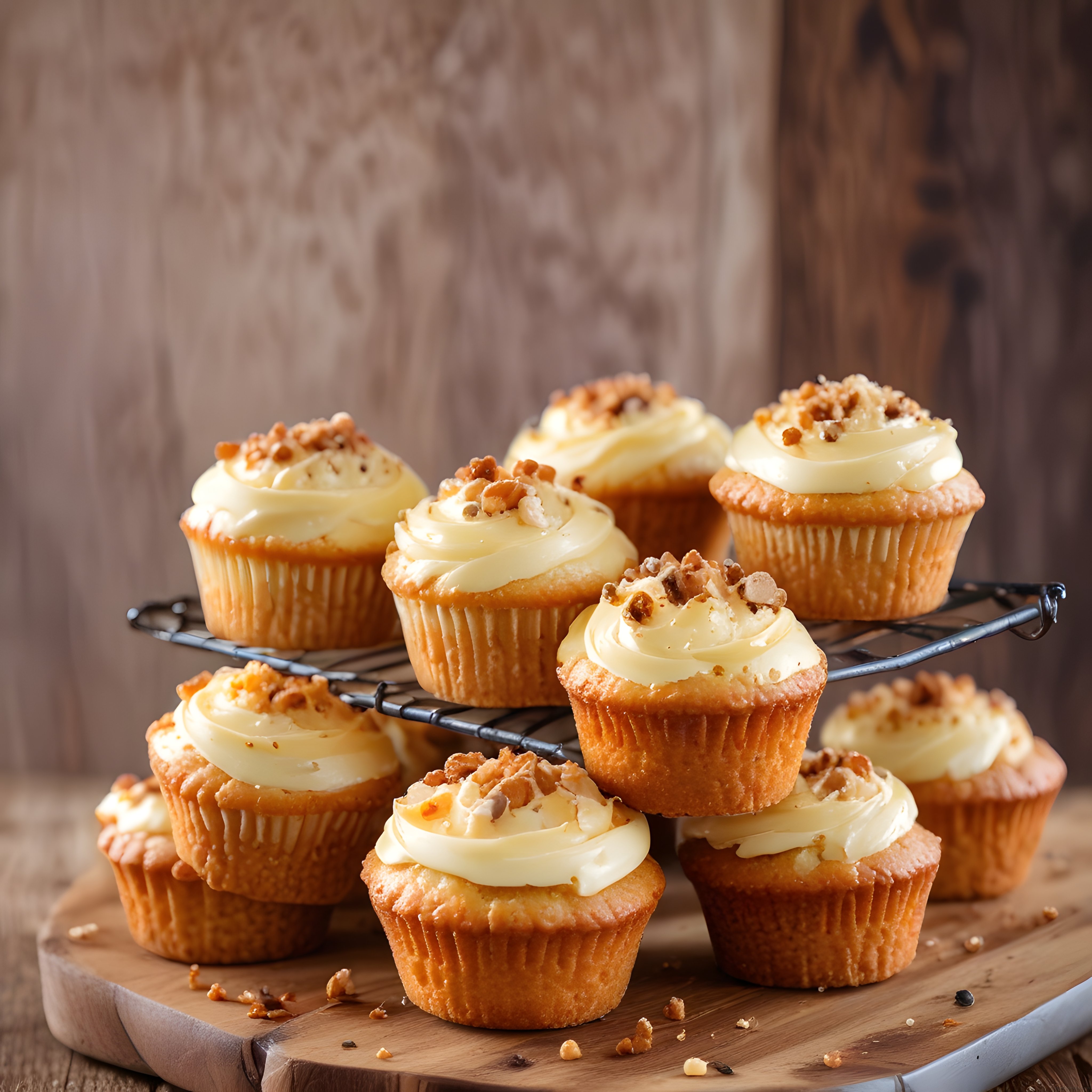 Krem peynirli ve cevizli cupcake'ler tel raf üzerinde