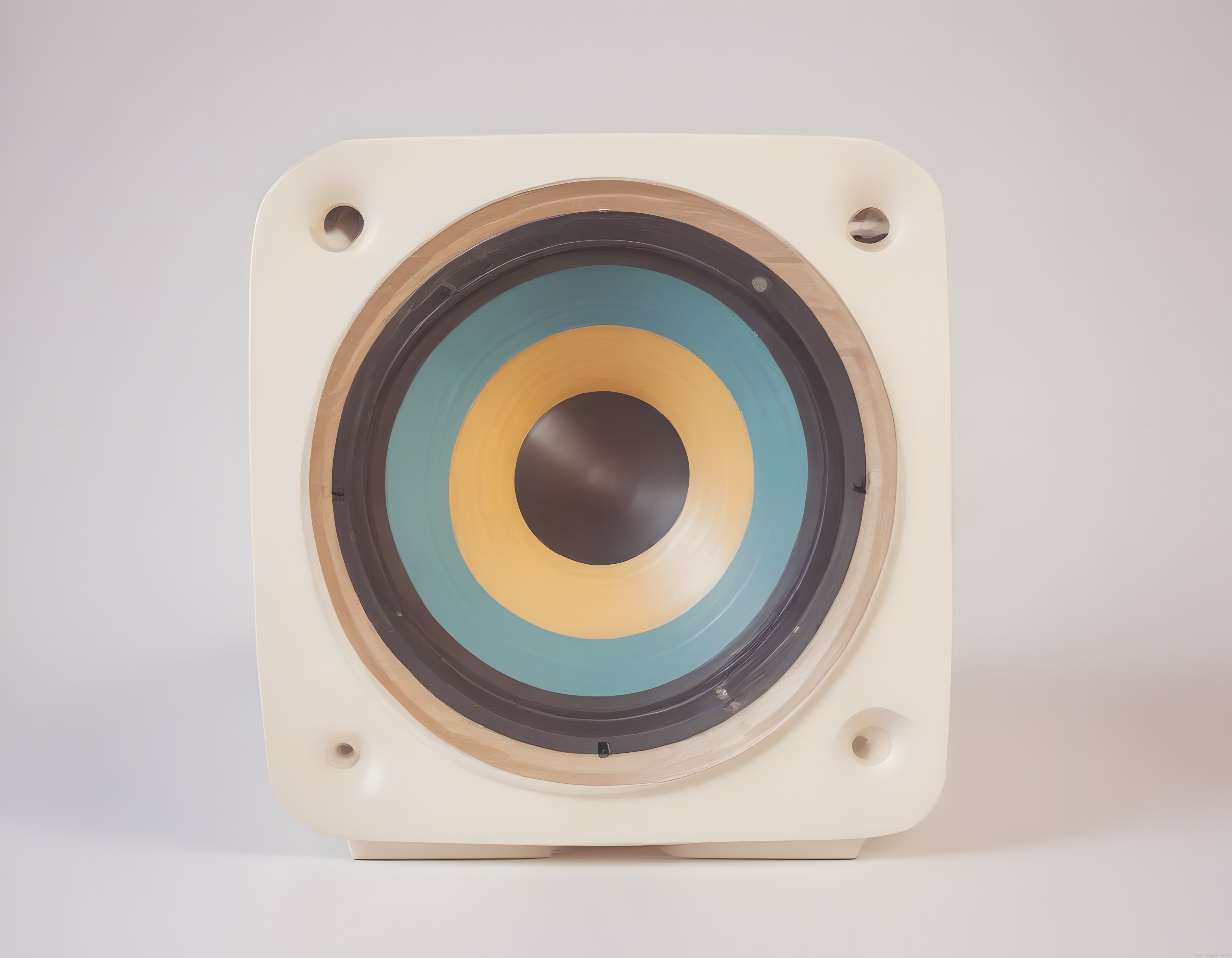 Krem rengi çerçeveli, mavi ve sarı konili hoparlör sürücüsü (woofer) görseli