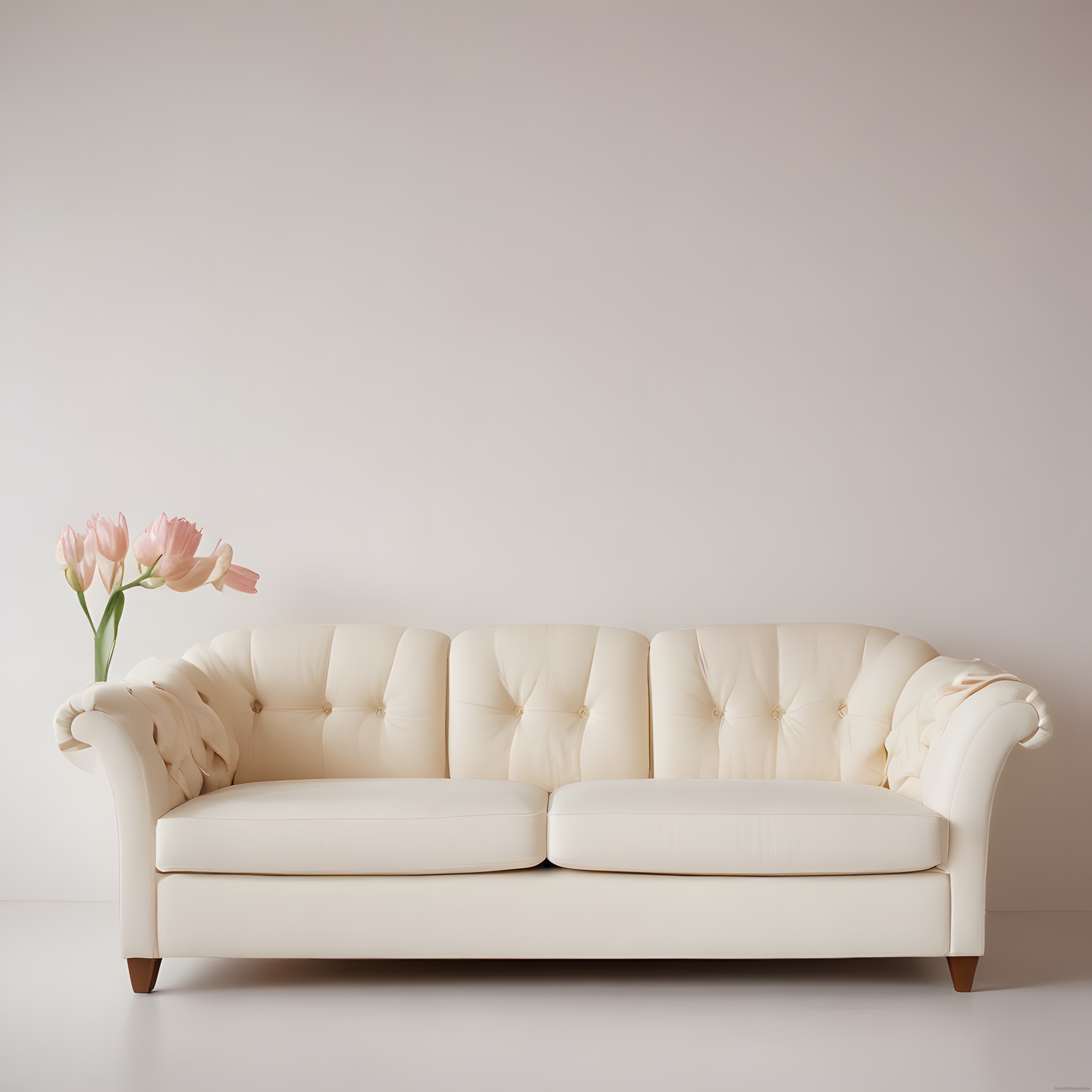 Krem Rengi Chesterfield Kanepe ve Pembe Lalelerle Sade Şık Salon Dekoru