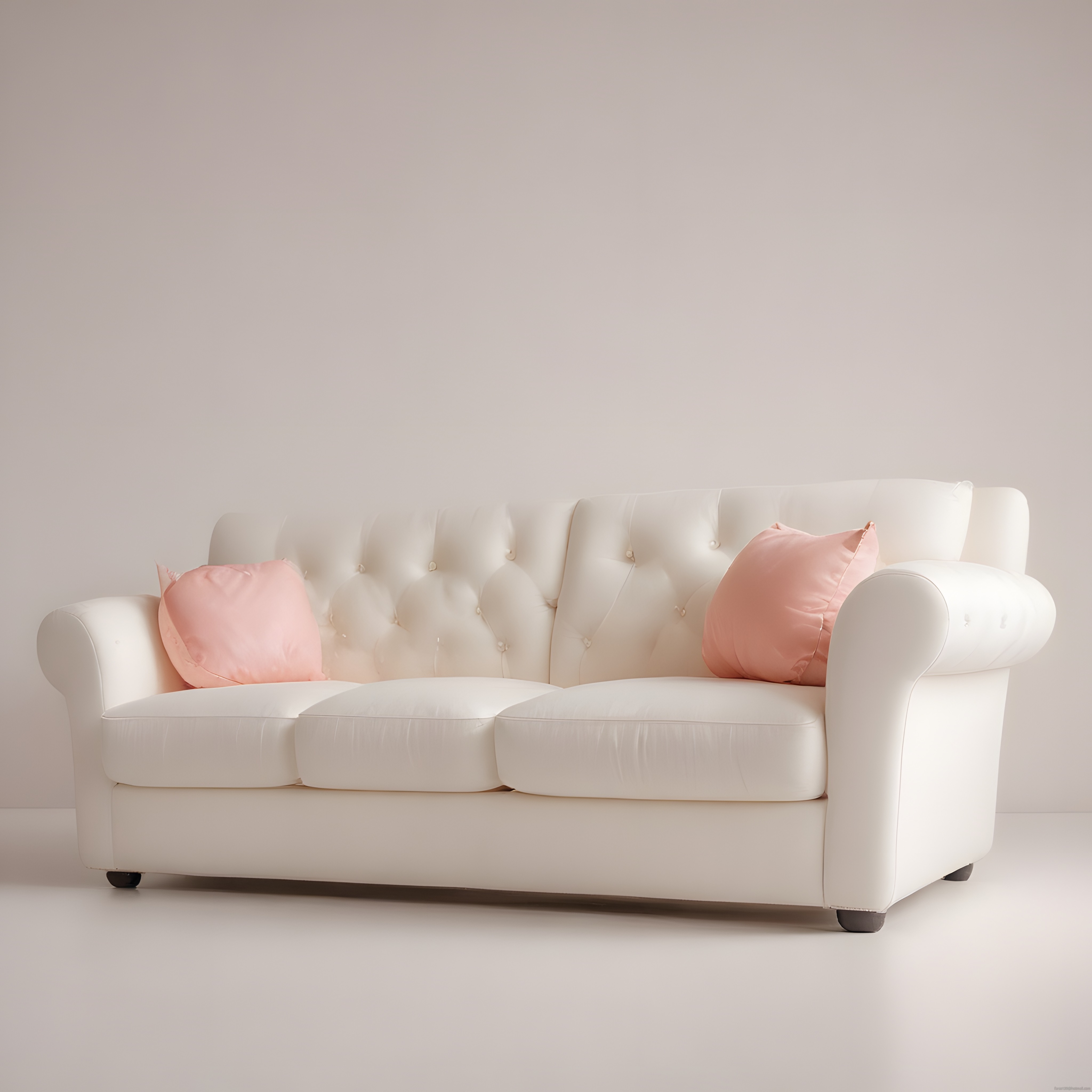 Krem Rengi Chesterfield Kanepe ve Pembe Yastıklarla Sade Salon Dekorasyonu