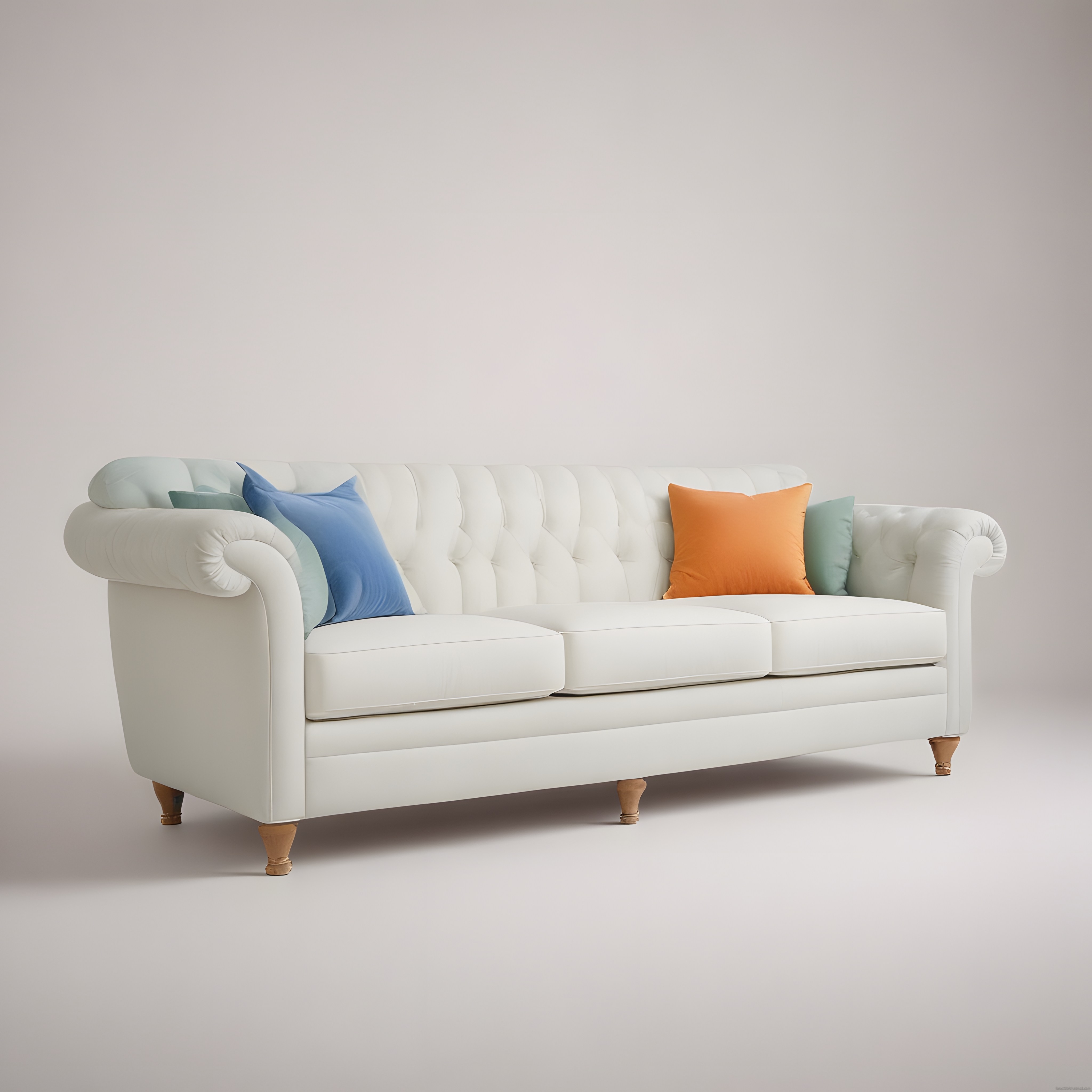 Krem Rengi Chesterfield Kanepe ve Renkli Yastıklarla Modern Oturma Odası Dekoru