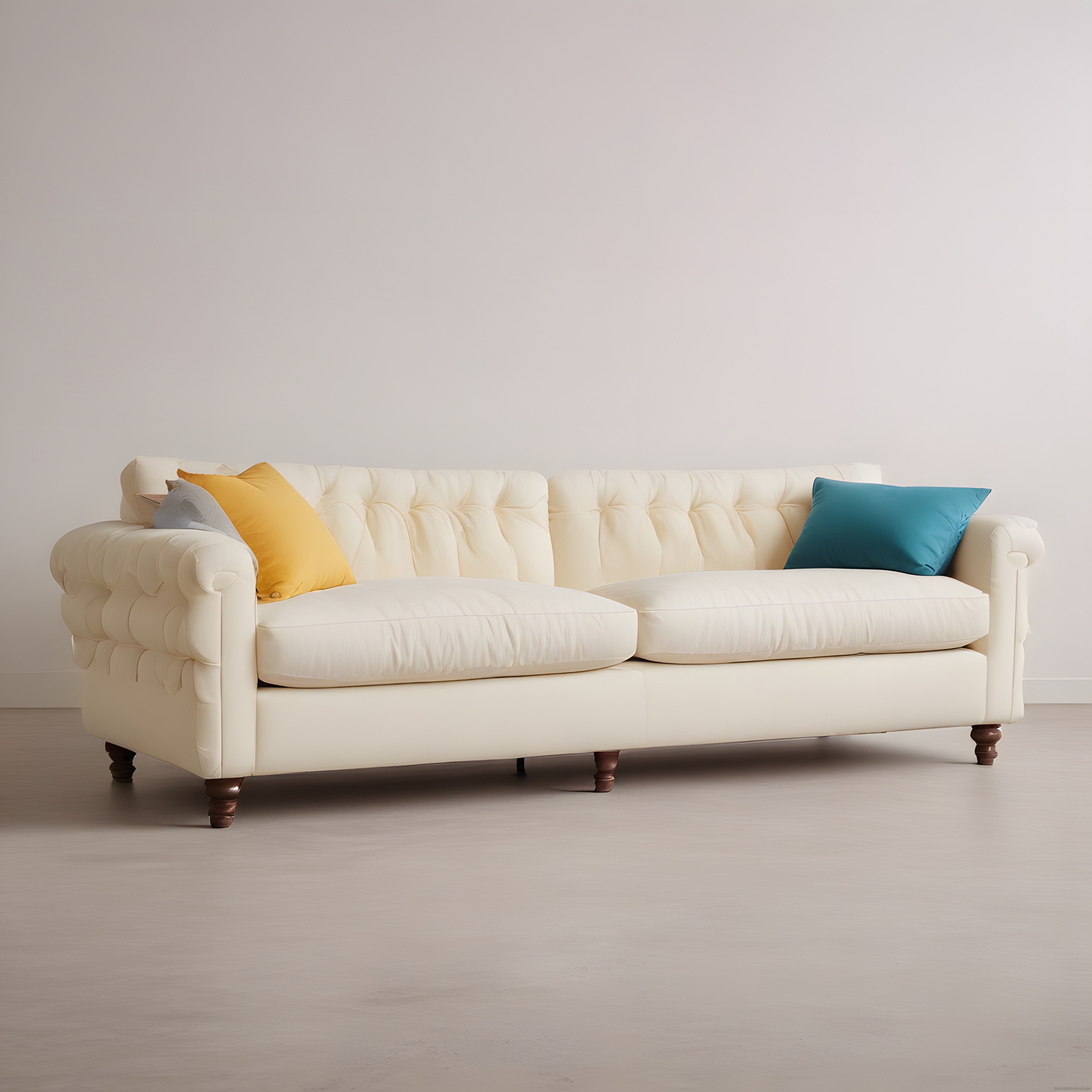 Krem Rengi Chesterfield Kanepe ve Renkli Yastıklarla Sade Salon Dekorasyonu
