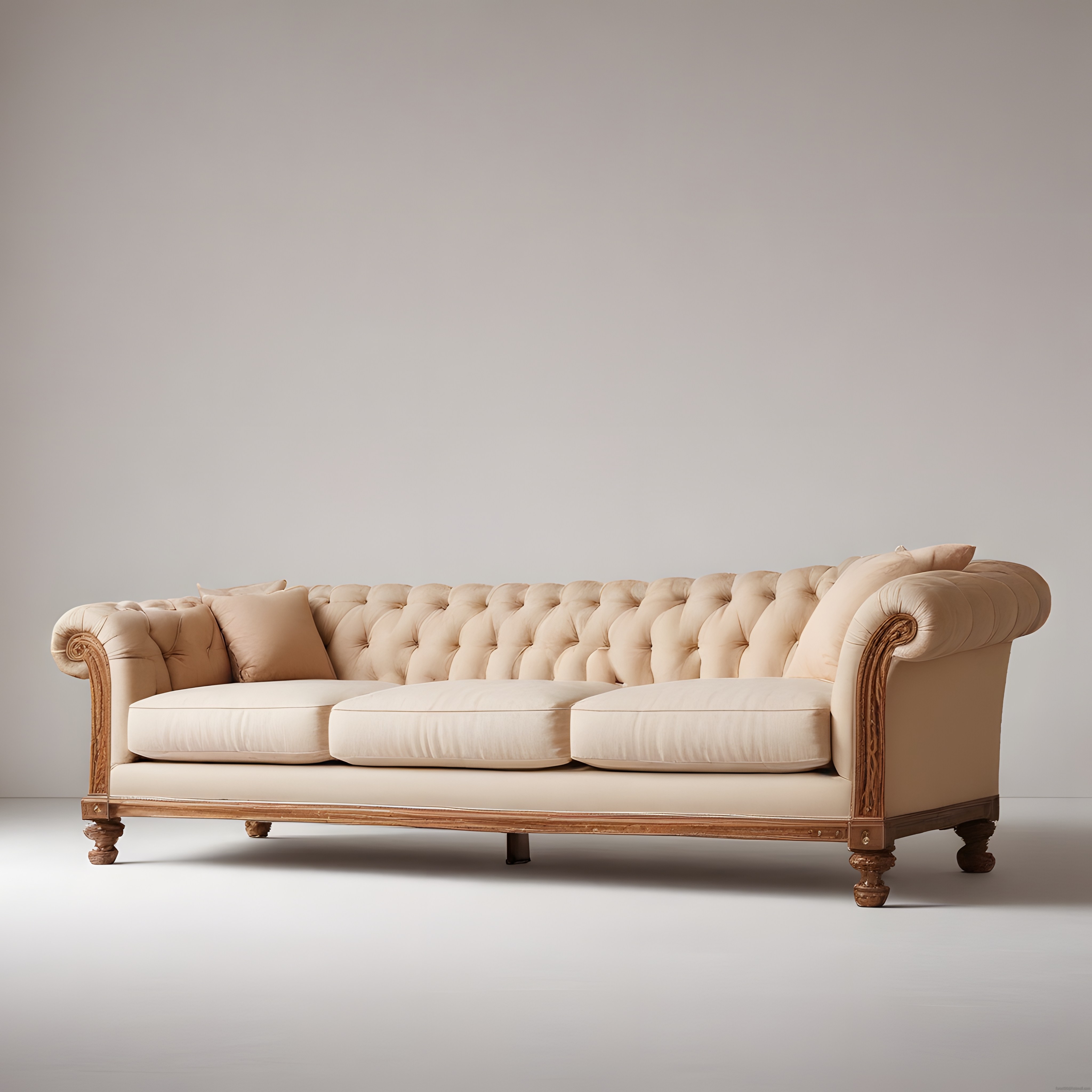 Krem Rengi Chesterfield Kapitone Kanepe ve Oymalı Ahşap Detaylar