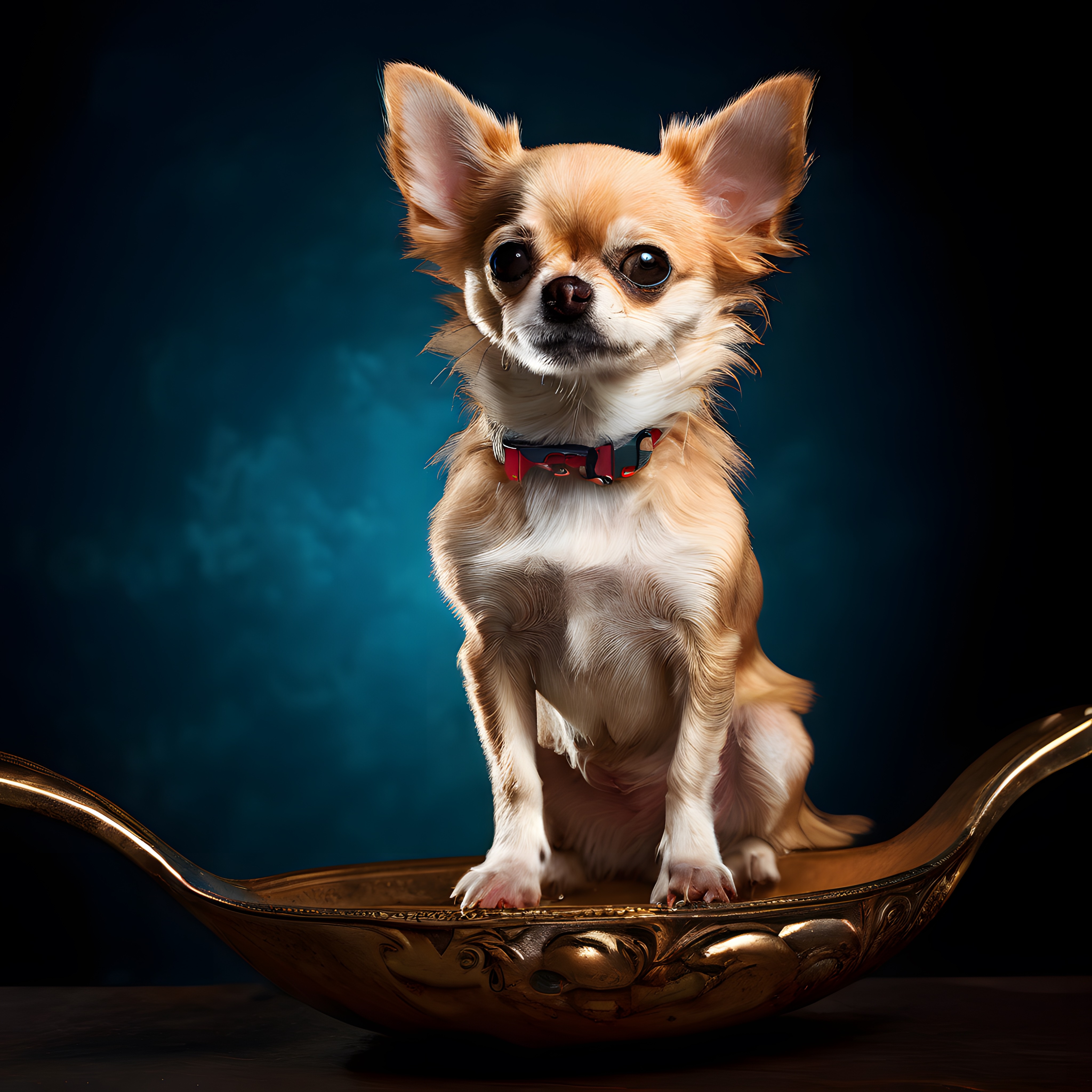 Krem Rengi Chihuahua Köpek Dramatik Mavi Stüdyo Arka Planında Poz Veriyor