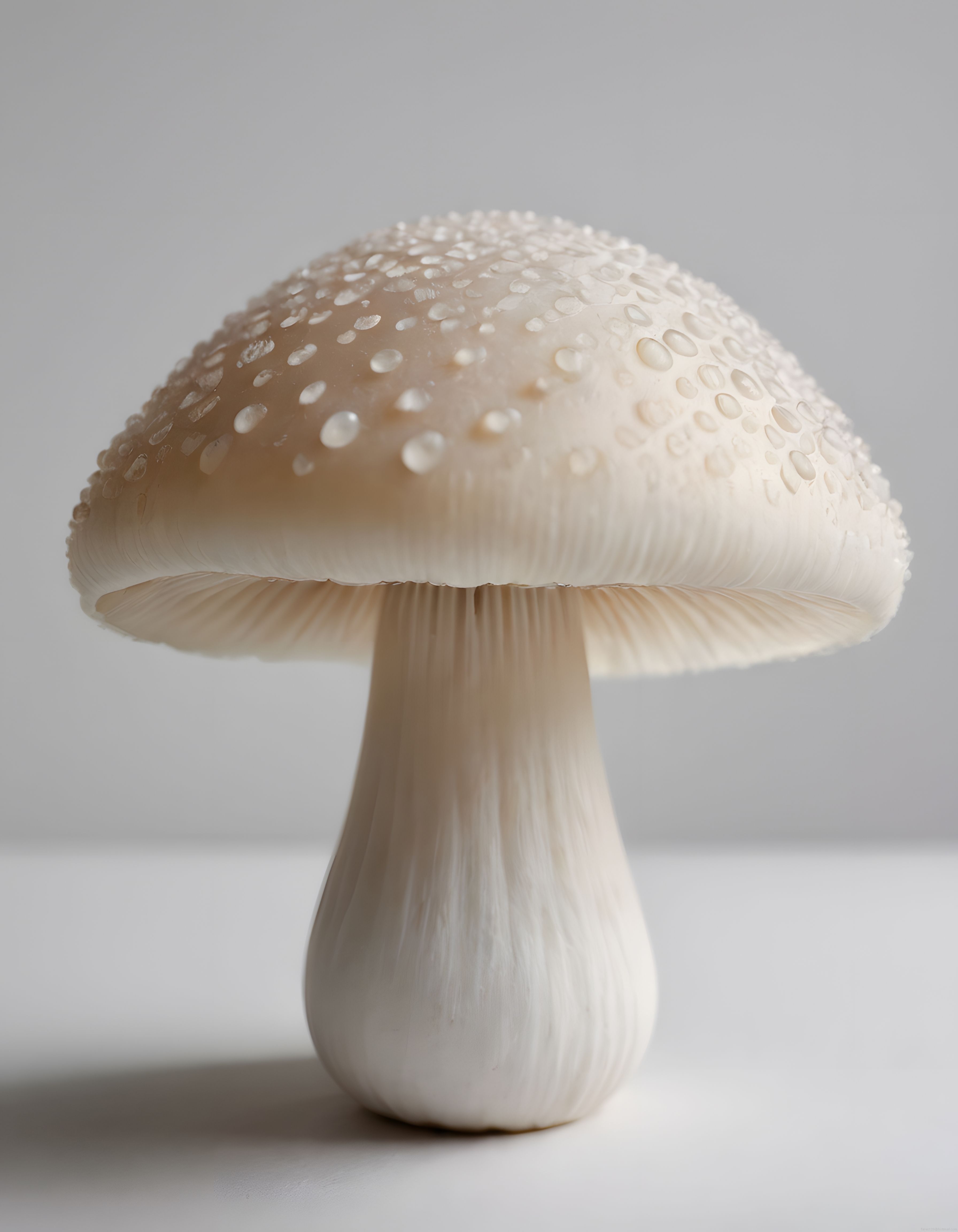 Krem rengi devasa mantarın damlacıklarla bezeli minimalist makro fotoğrafı
