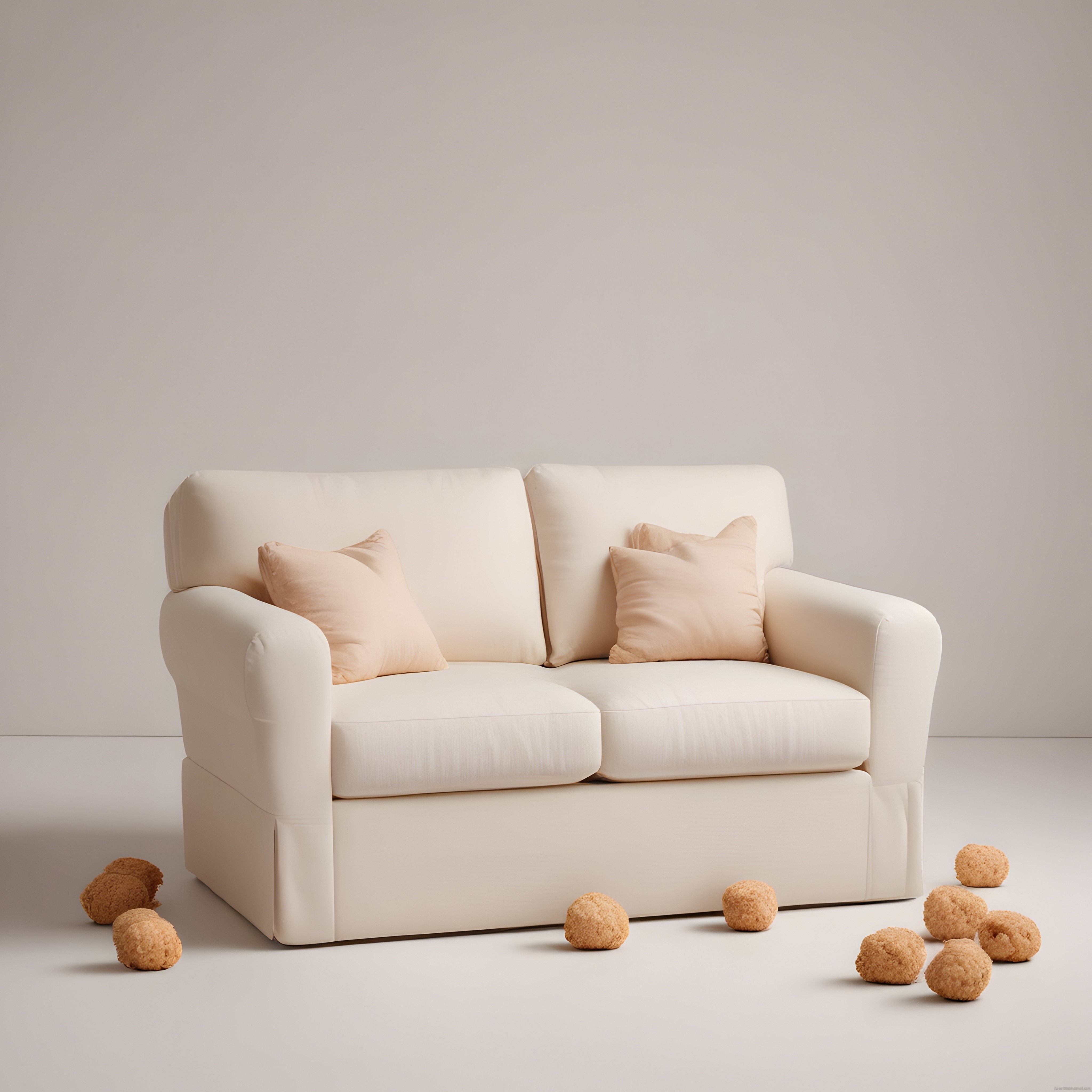 Krem Rengi İkili Koltuk ve Dekoratif Ponponlarla Minimalist Salon Konsepti