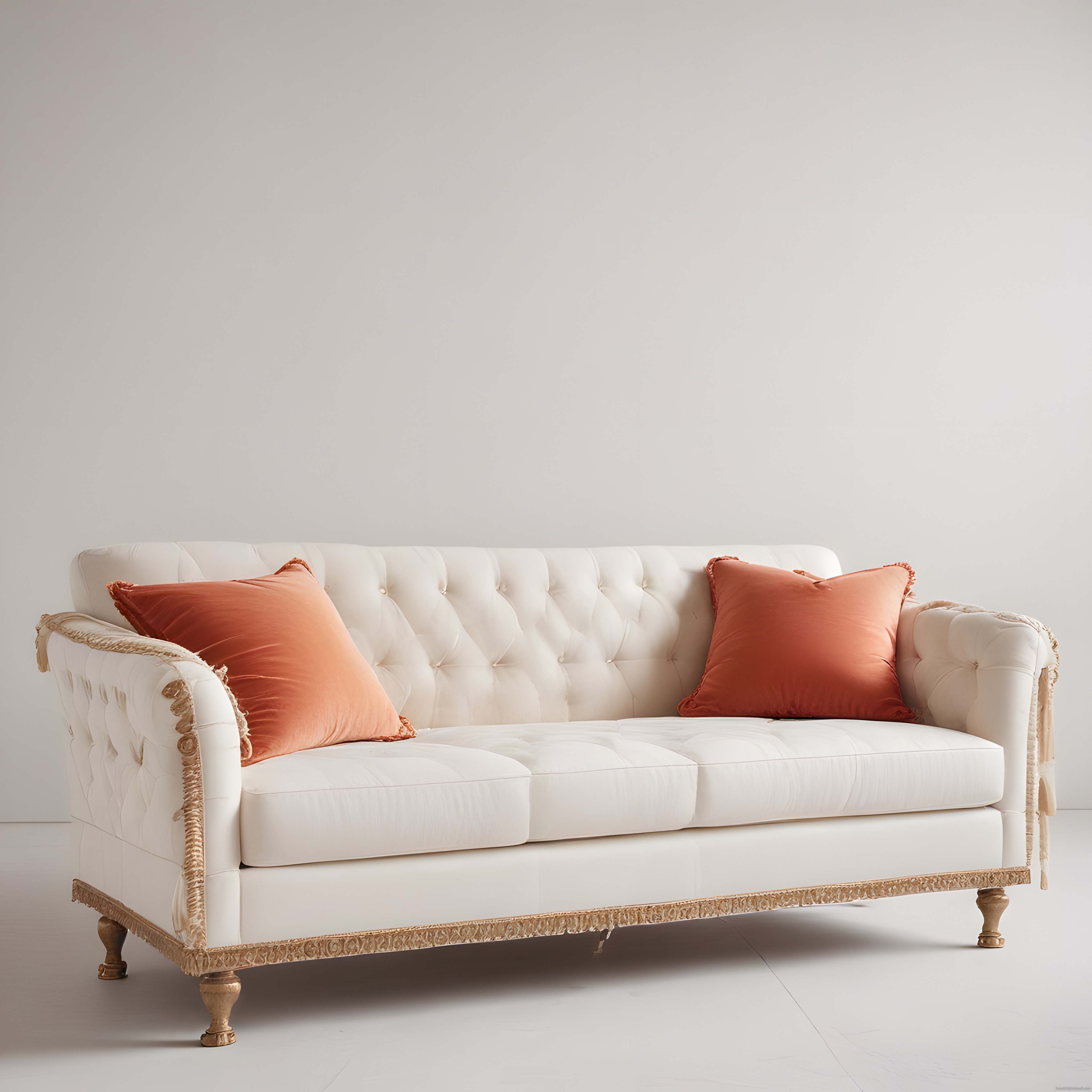 Krem Rengi Kapitone Kanepe ve Terracotta Kırlentlerle Modern Salon Tasarımı