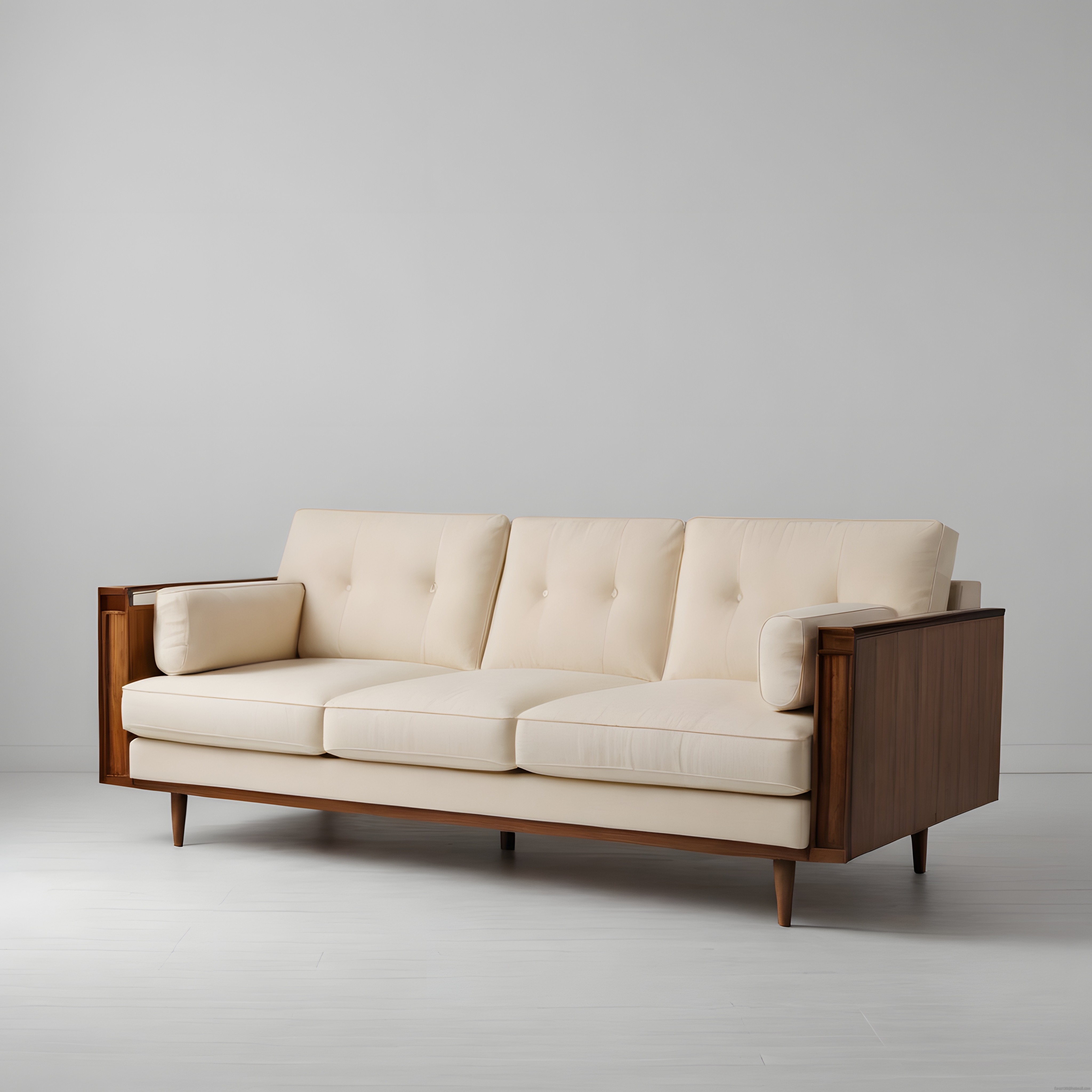 krem rengi kumaş döşemeli ahşap detaylı modern minimalist üçlü koltuk