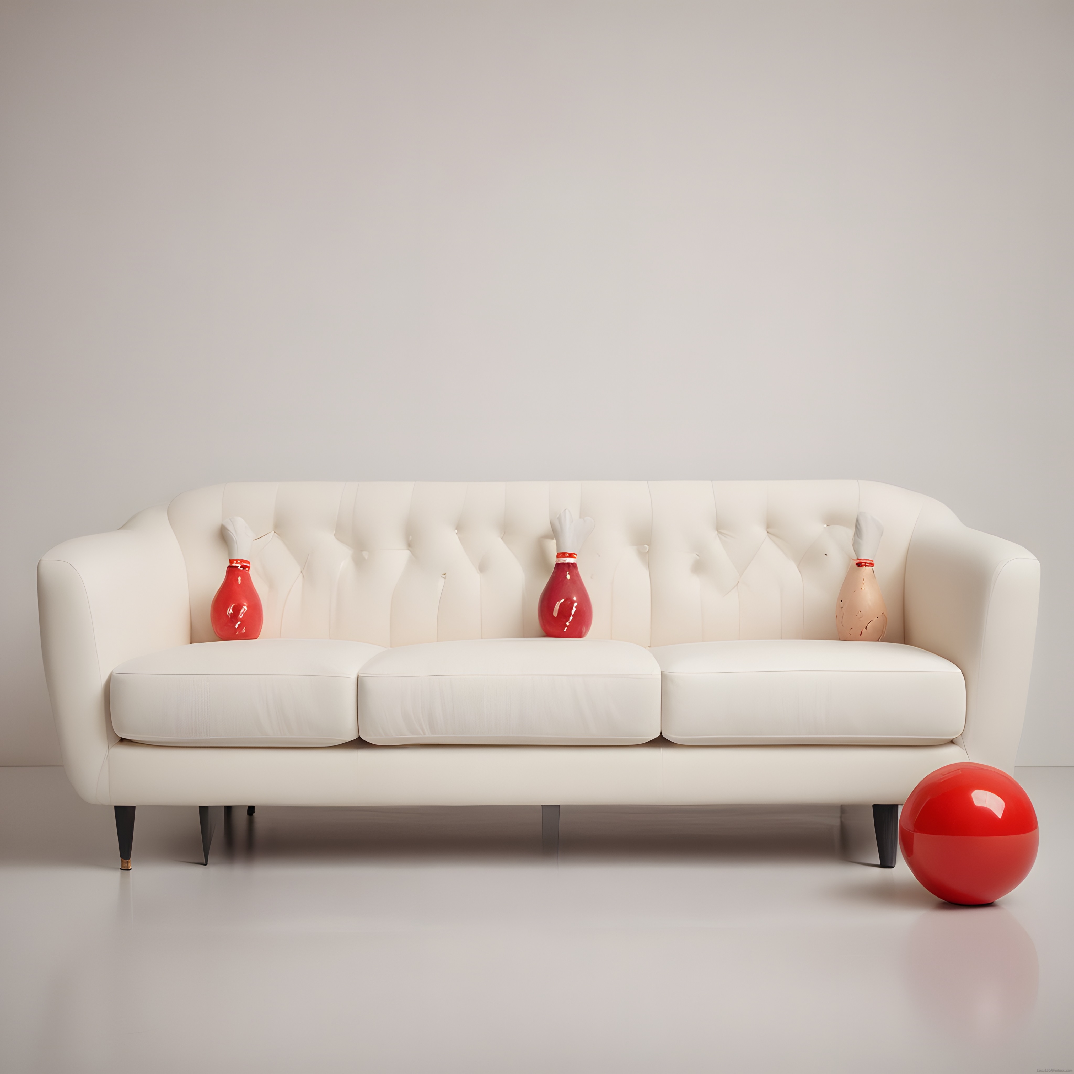 Krem Rengi Modern Chesterfield Koltuk ve Kırmızı Aksesuarlarla Minimalist Dekor