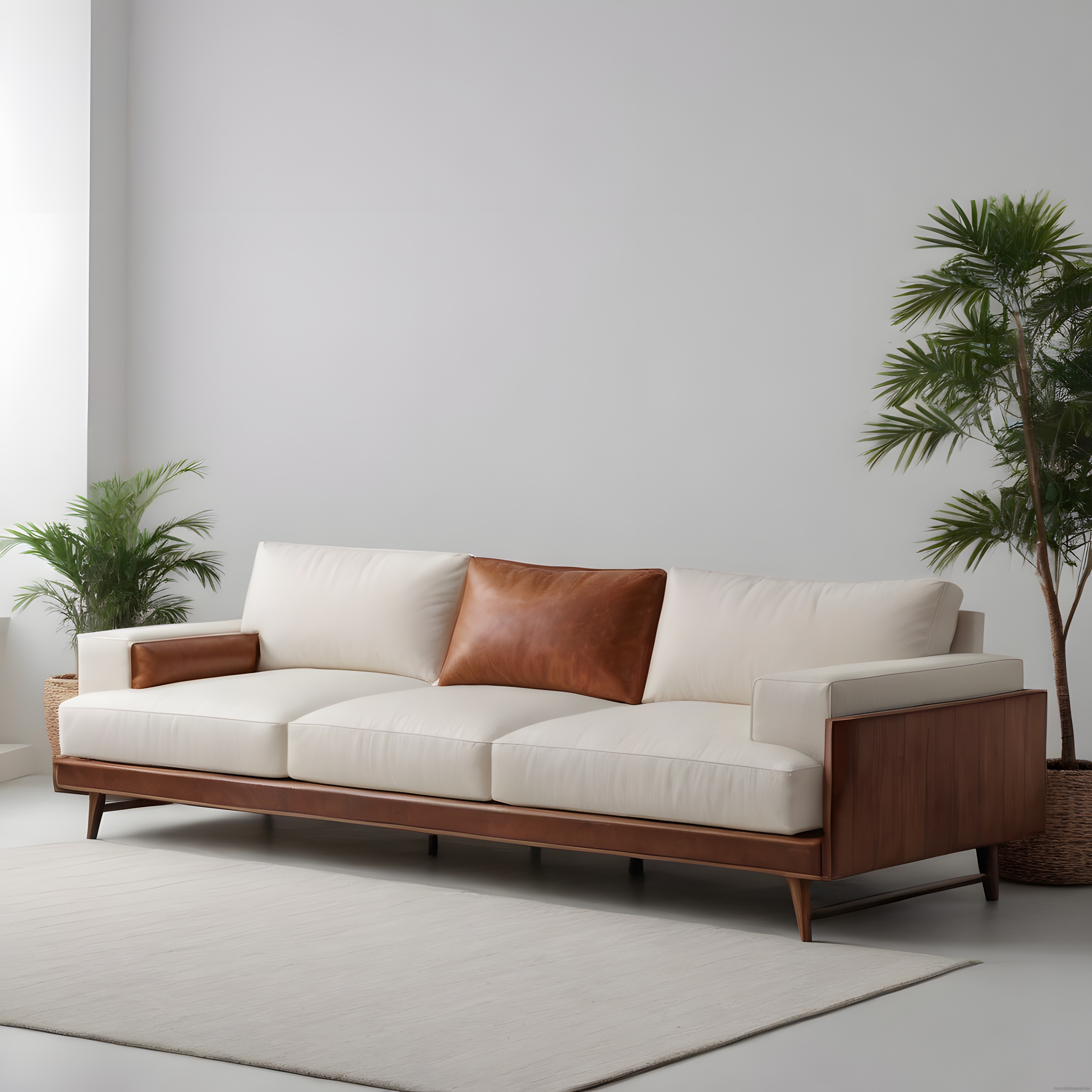 Krem rengi modern kanepe ve ahşap detaylarla minimalist salon dekorasyonu