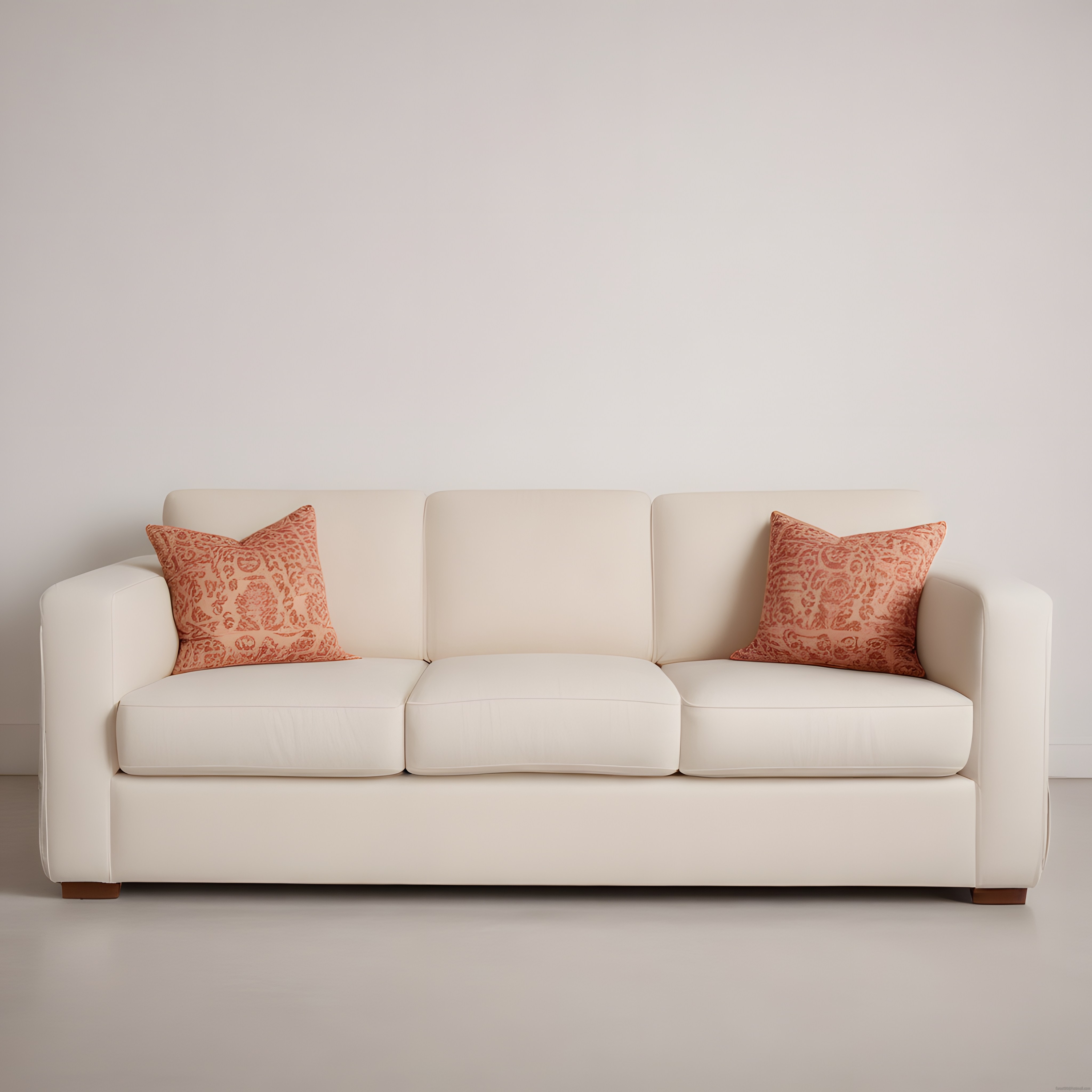 Krem Rengi Modern Kanepe ve Somon Desenli Kırlentlerle Minimalist Ev Dekoru