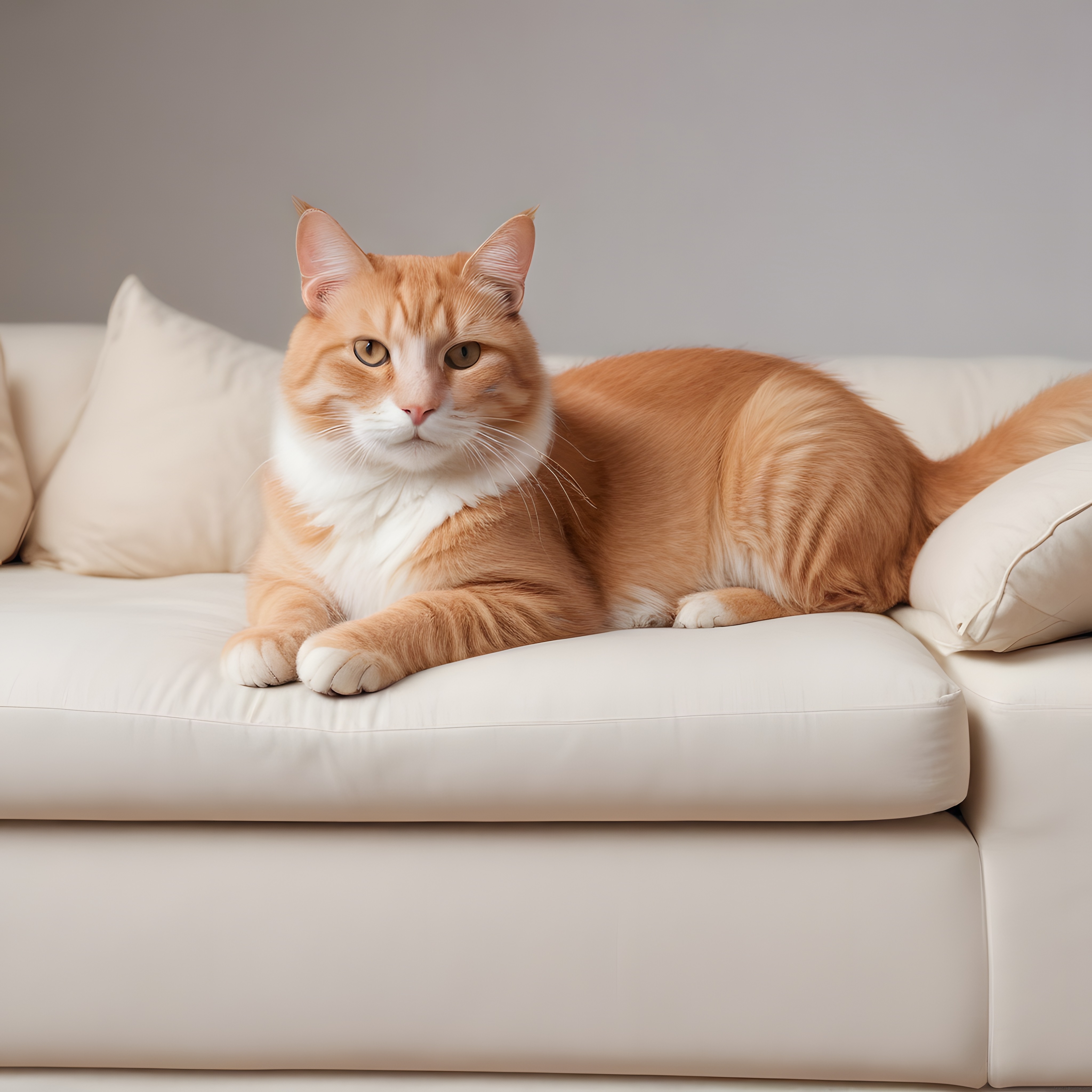 Krem Rengi Modern Koltukta Yatan Turuncu Beyaz Tüylü Sakin Kedi Fotoğrafı