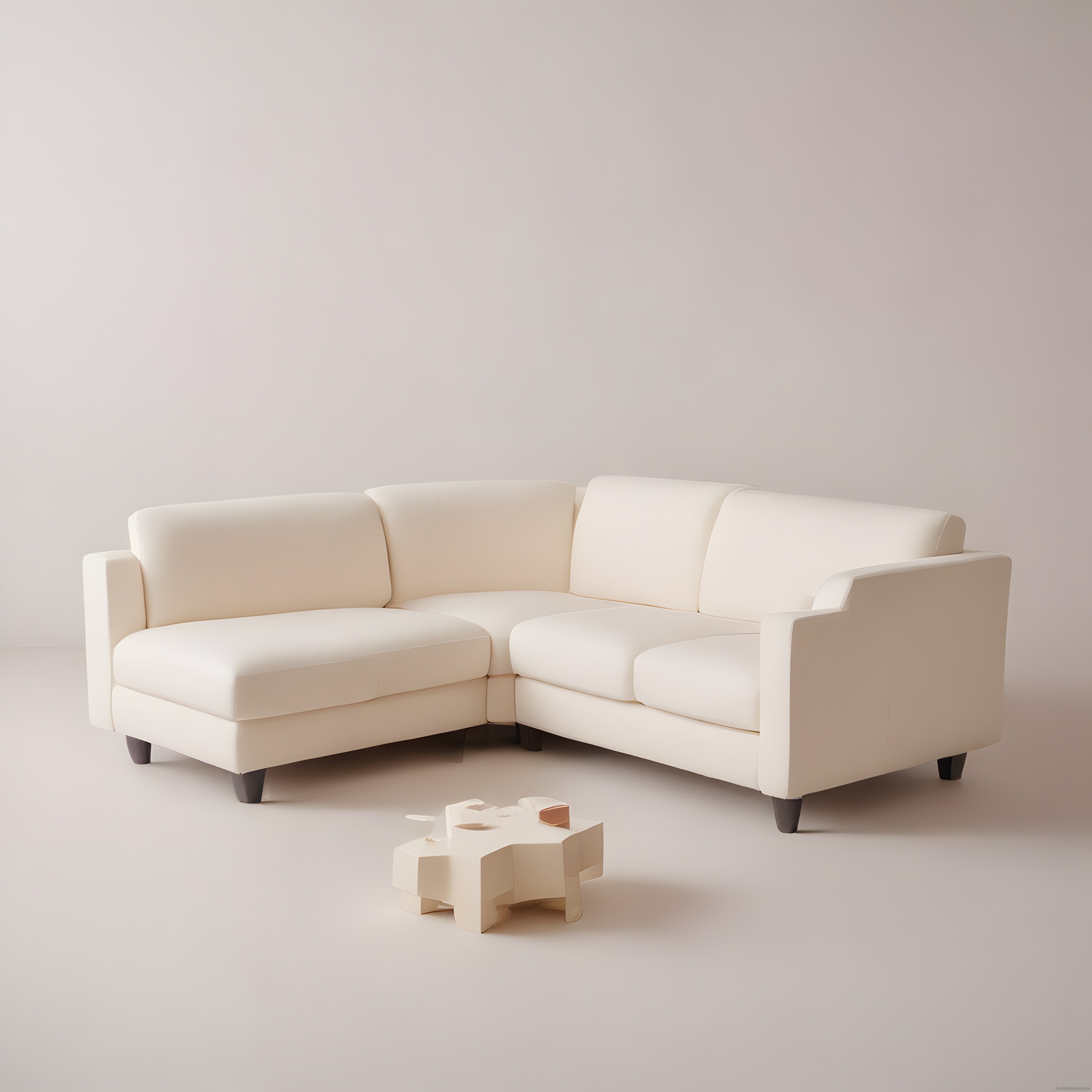 Krem Rengi Modern Köşe Kanepe ve Tasarım Sehpa ile Minimalist Salon Dekorasyonu