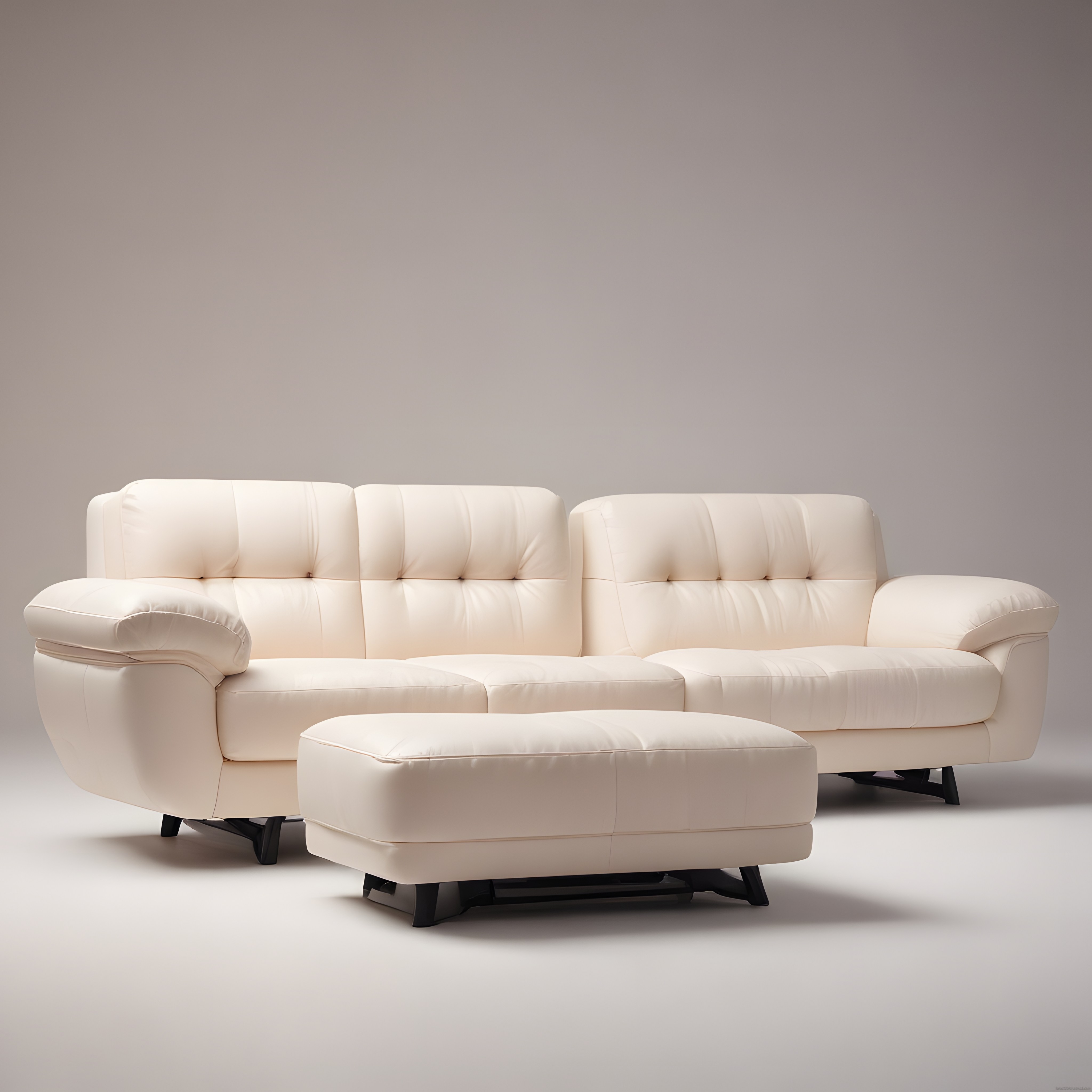 Krem Rengi Modern Köşe Koltuk Takımı ve Puf ile Minimalist Salon Dekorasyonu