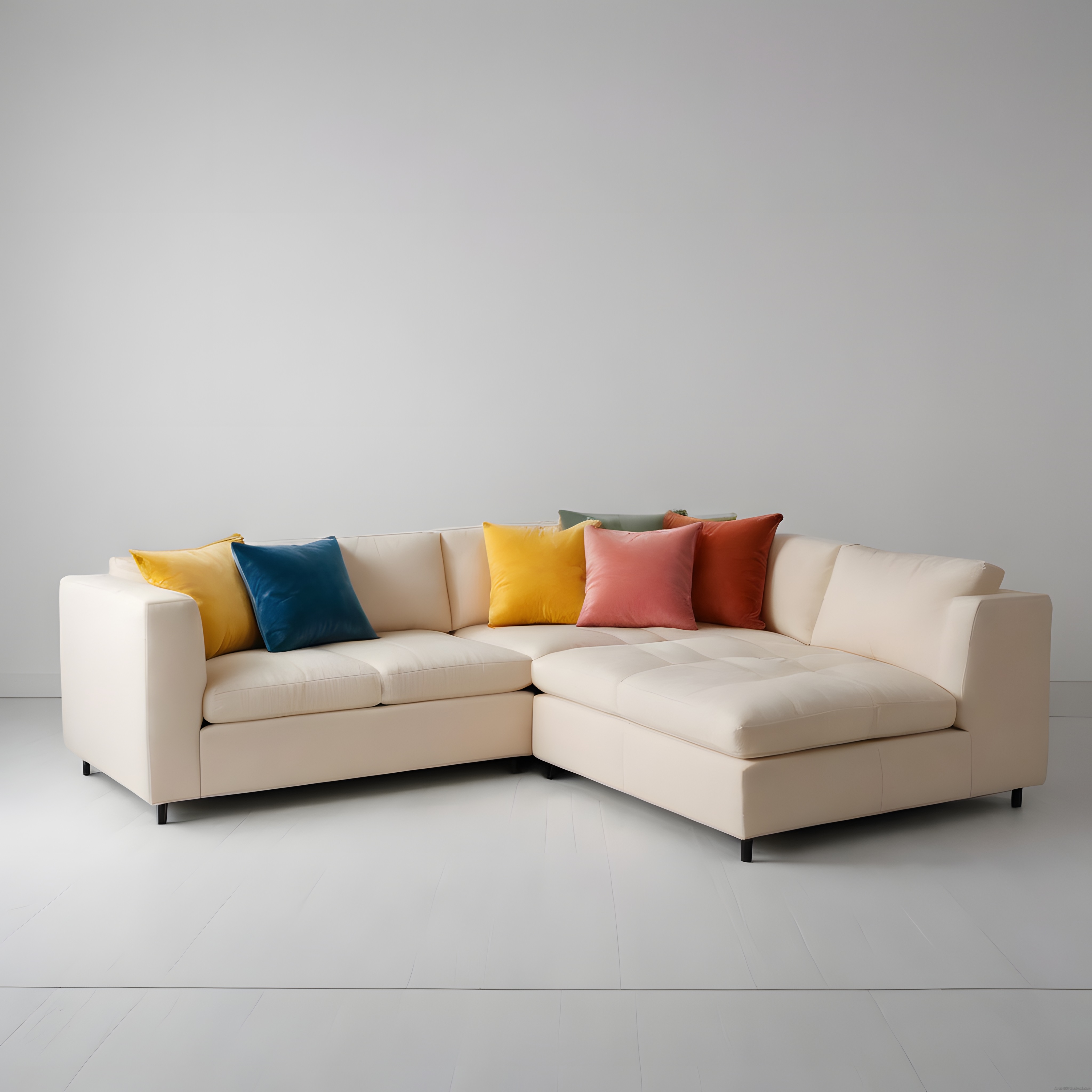 Krem Rengi Modern Köşe Koltuk ve Renkli Yastıklarla Minimalist Oturma Odası