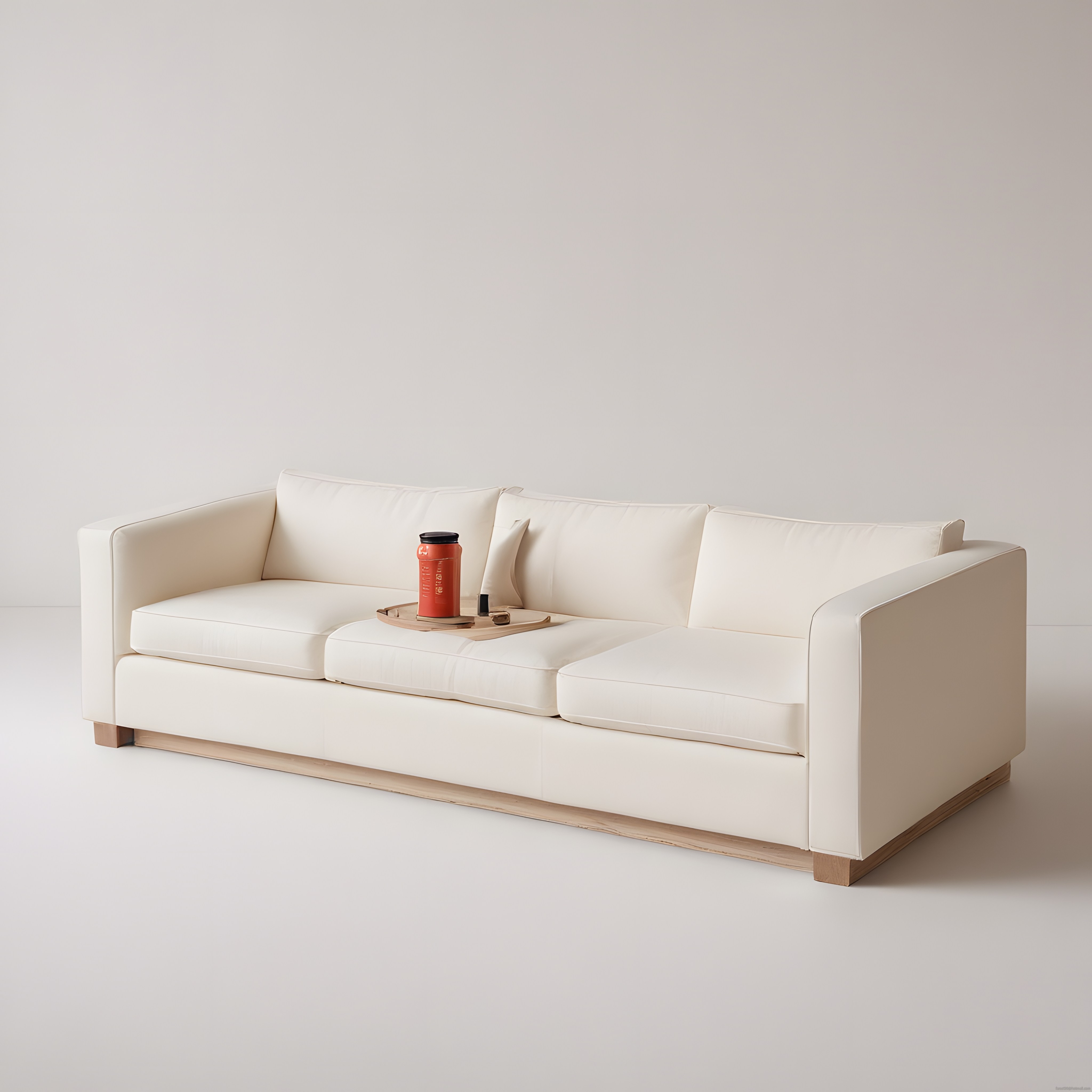 Krem Rengi Modern Üçlü Kanepe ile Ahşap Detaylı Minimal Salon Dekorasyonu
