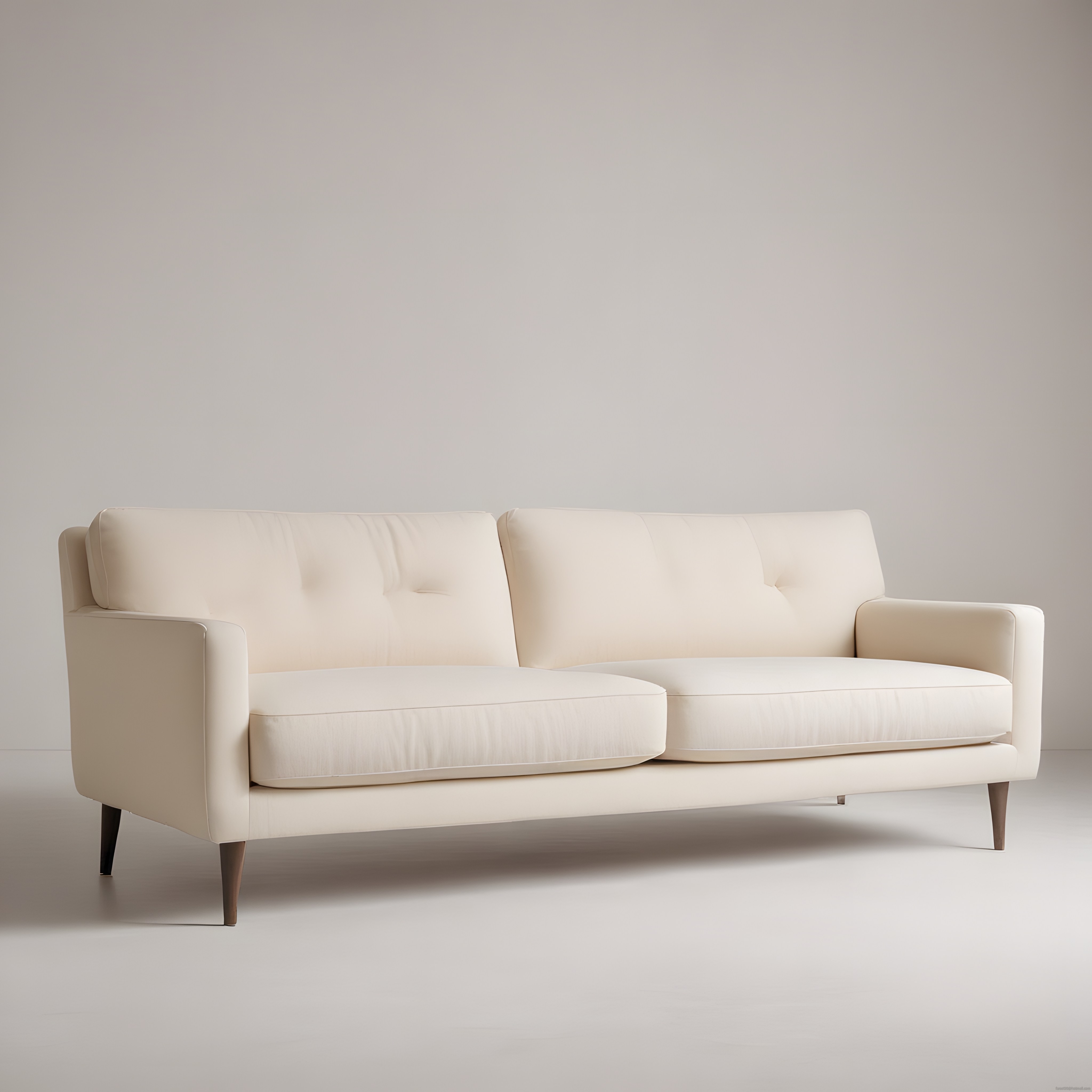Krem Rengi Modern Üçlü Kanepe, Minimalist Stüdyo Arka Plan ve Ahşap Ayaklar