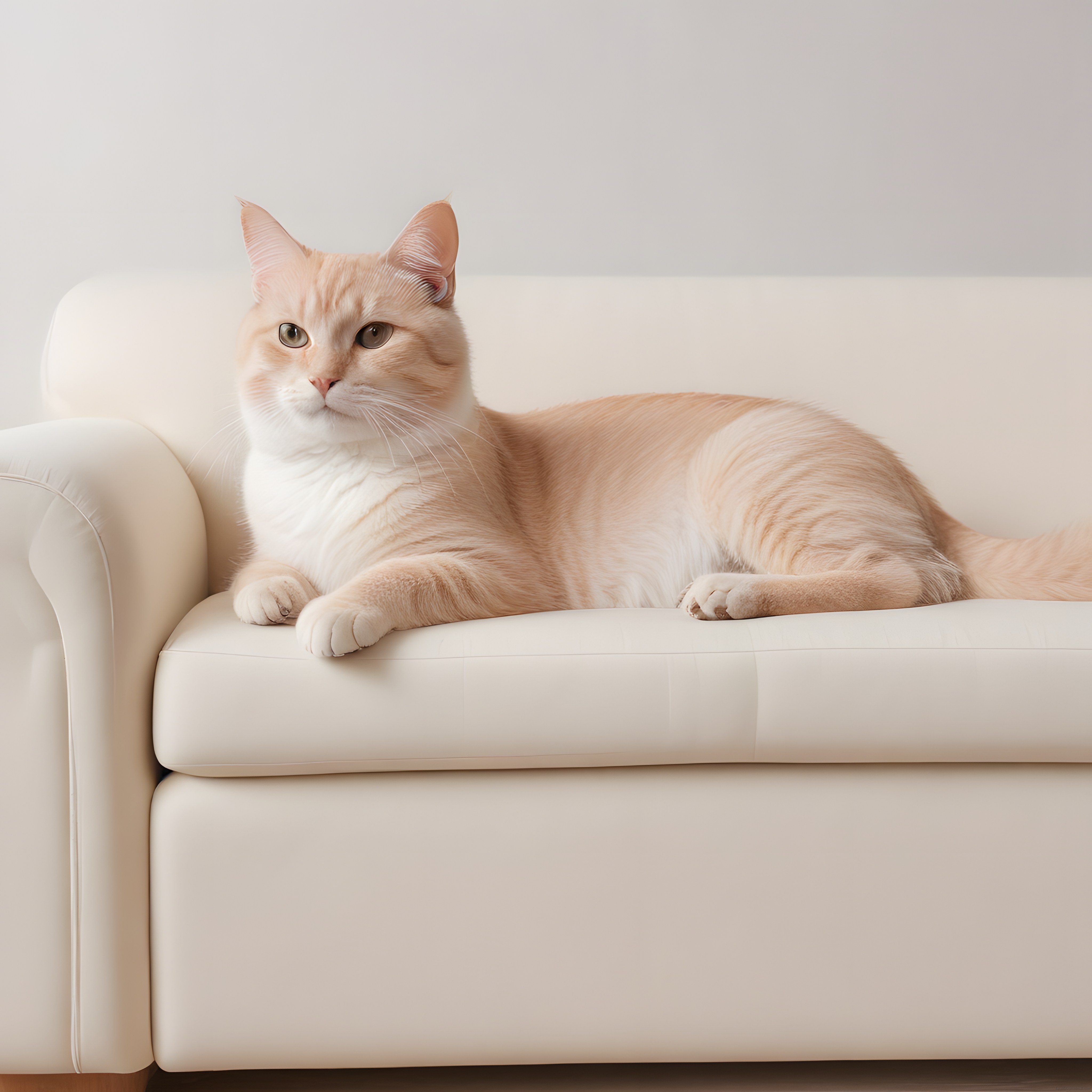 Krem Rengi Tekir Kedi Beyaz Koltukta Uzanırken Sakin ve Neşeli Bakışlar