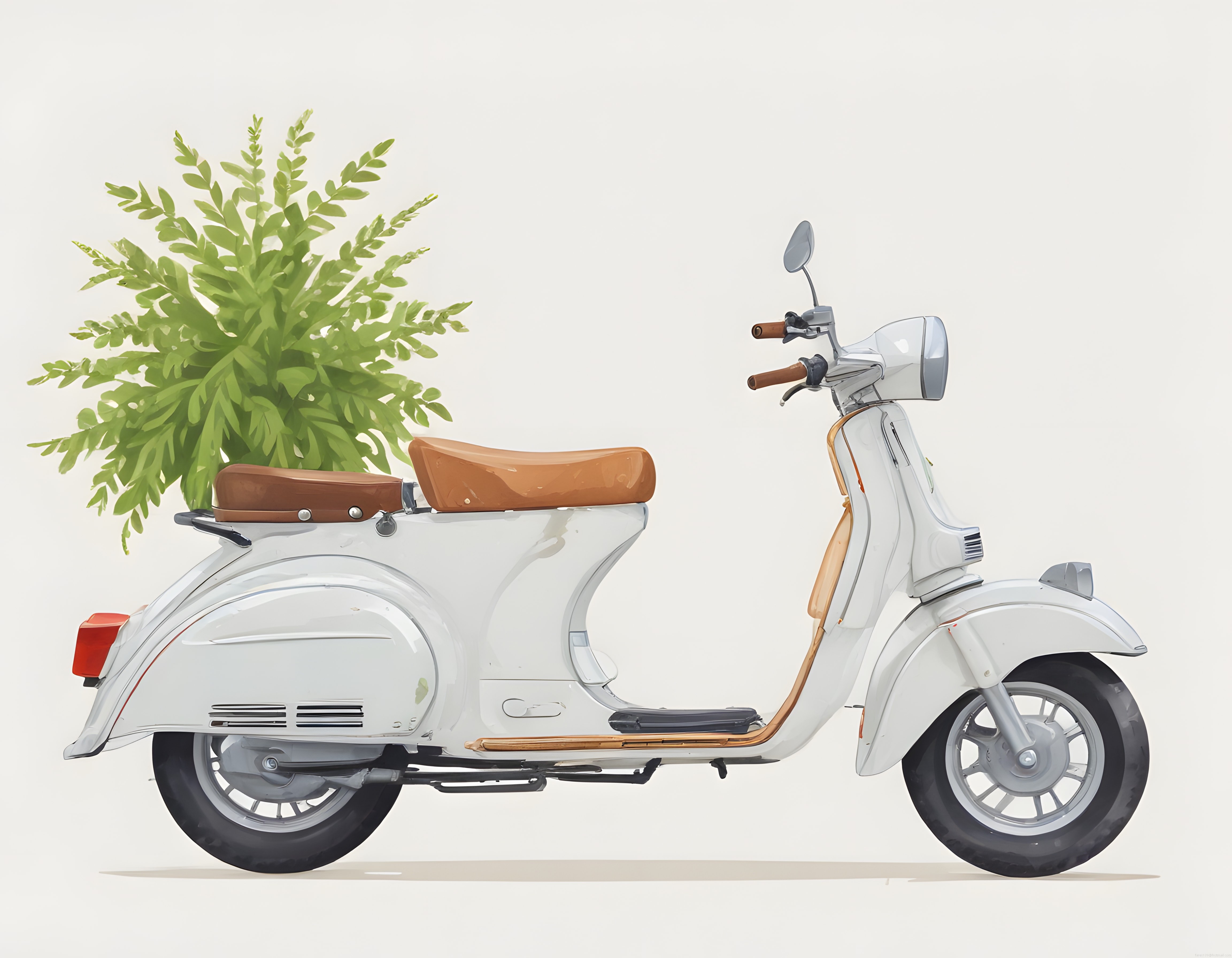 Krem Rengi Vintage Scooter ve Yeşil Bitki ile Dekoratif Motosiklet Tasarımı