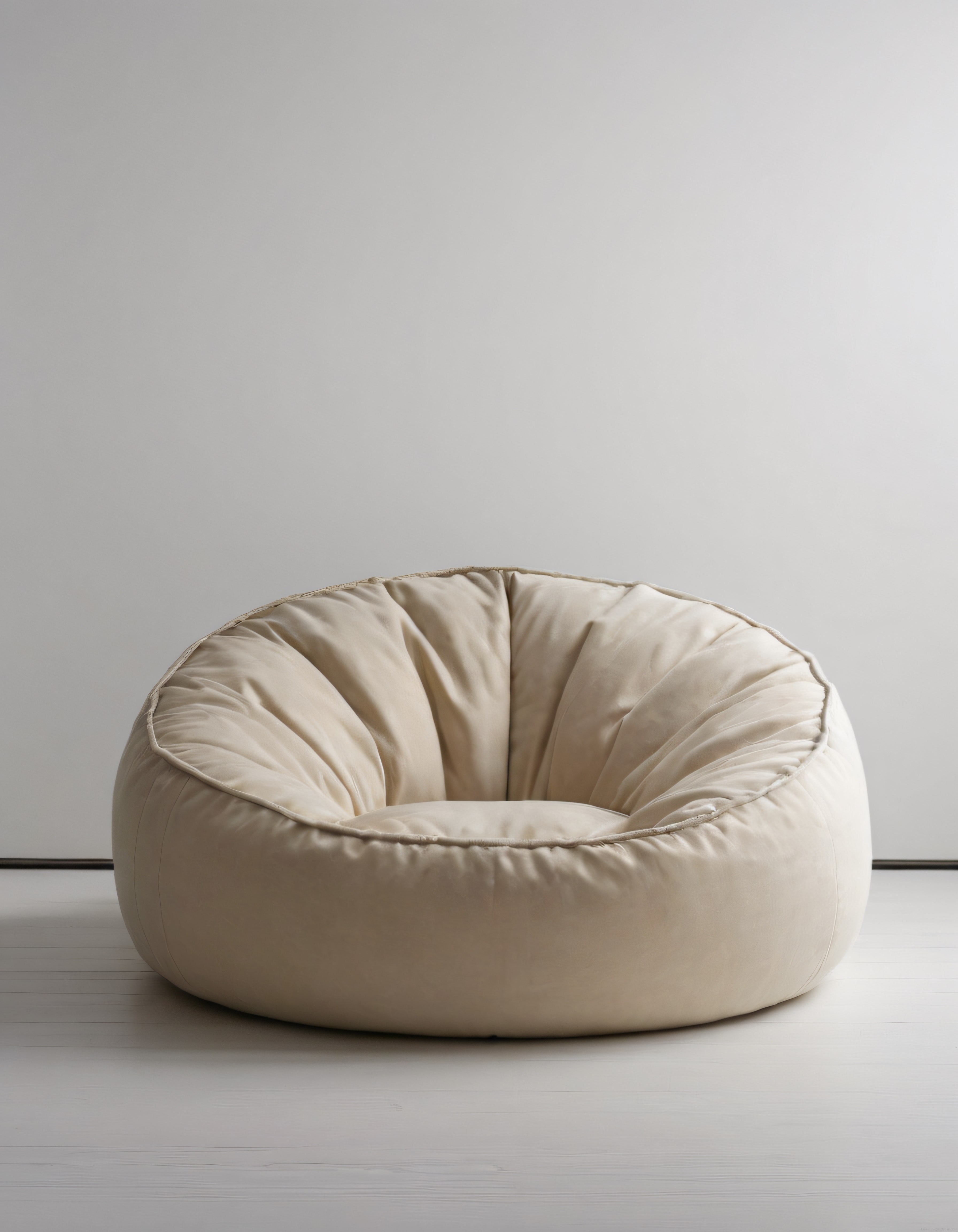 Krem rengi yuvarlak puf koltuk ile minimalist iç mekan dekorasyonu