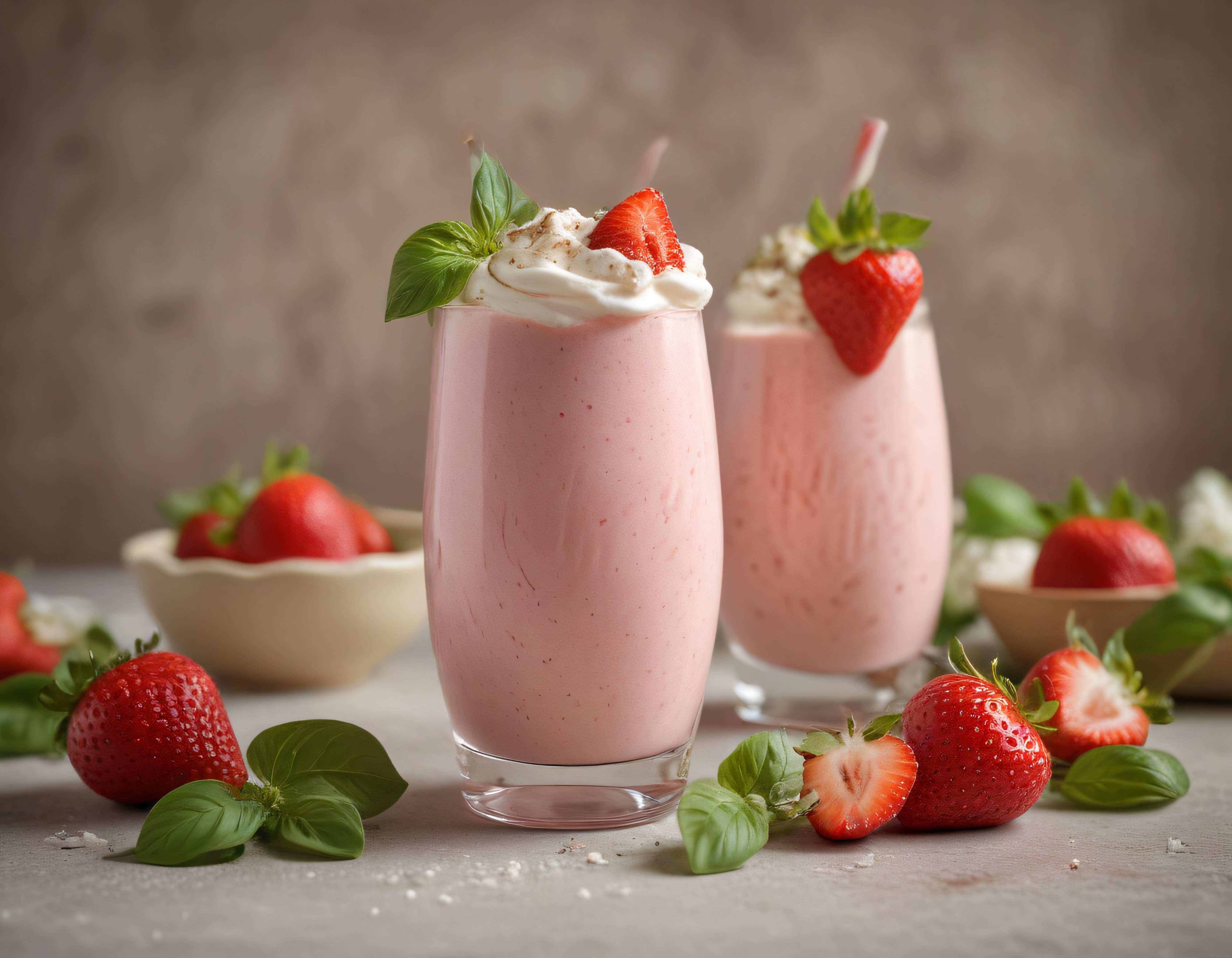 Krem Şantili ve Fesleğen Yapraklı Taze Çilekli Smoothie Rustik Masada