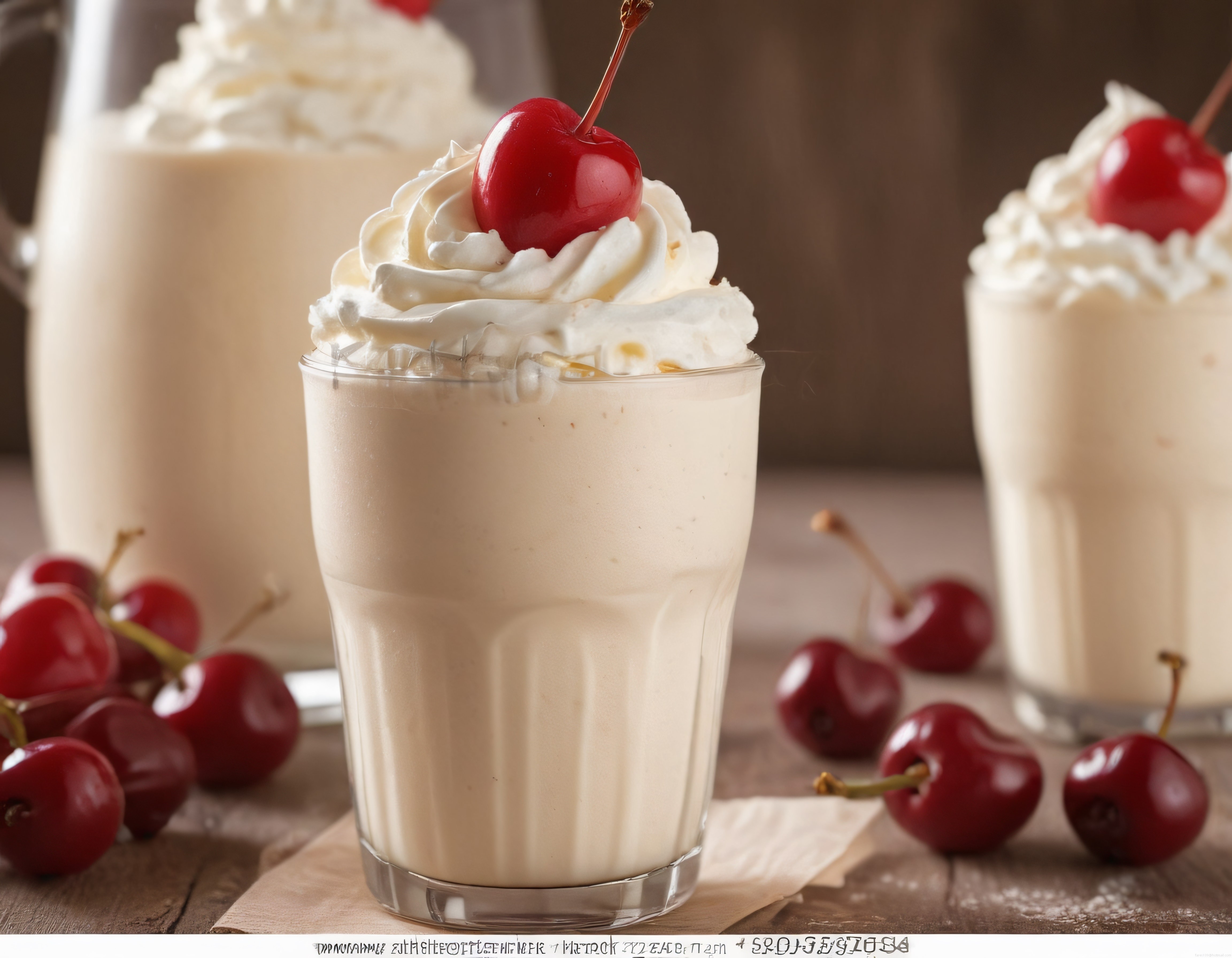 krem şantili ve kirazlı soğuk milkshake bardağı rustik ahşap sunumda