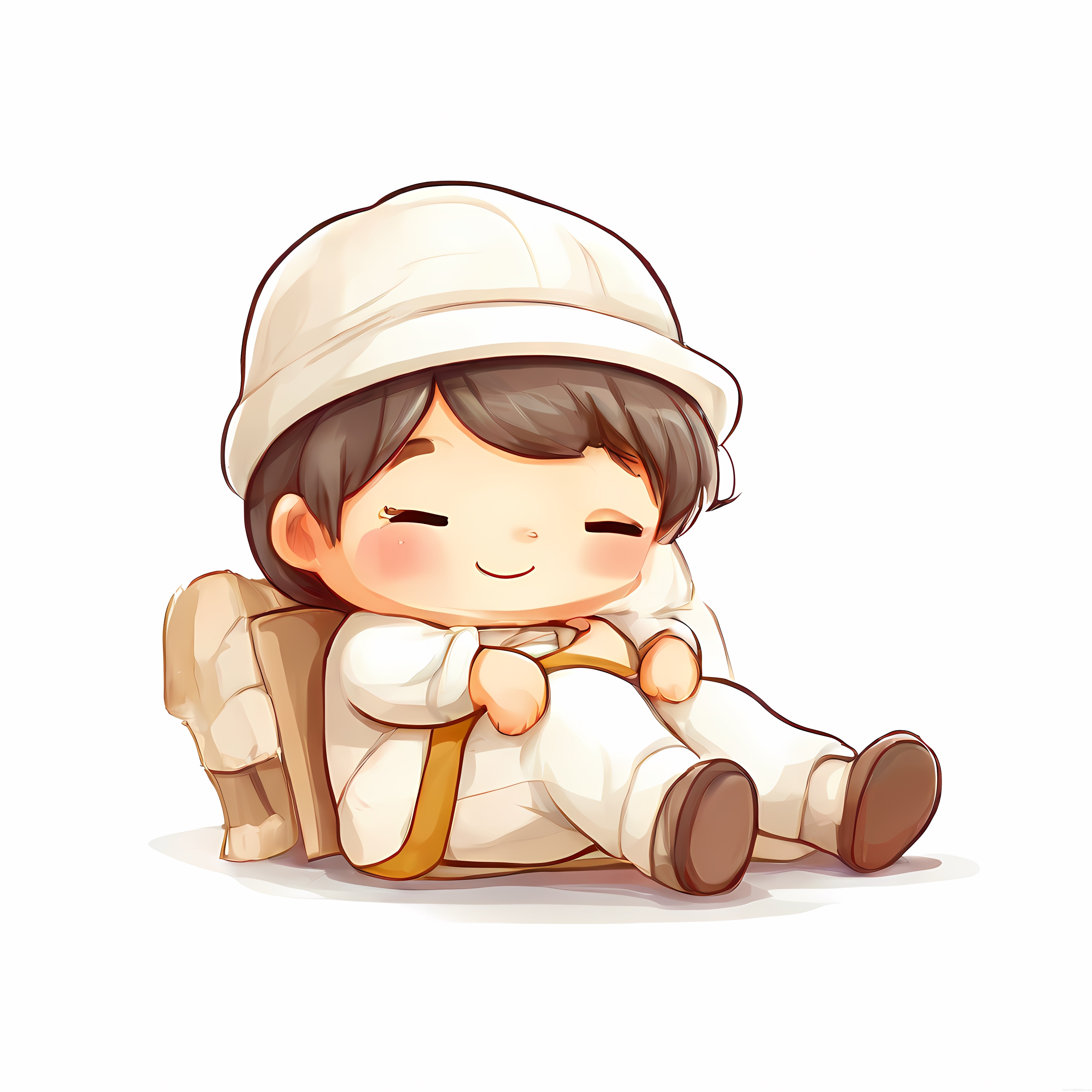 Krem Şapkalı Gülümseyen Chibi Çizim ve Sırt Çantasıyla Macera Ruhu