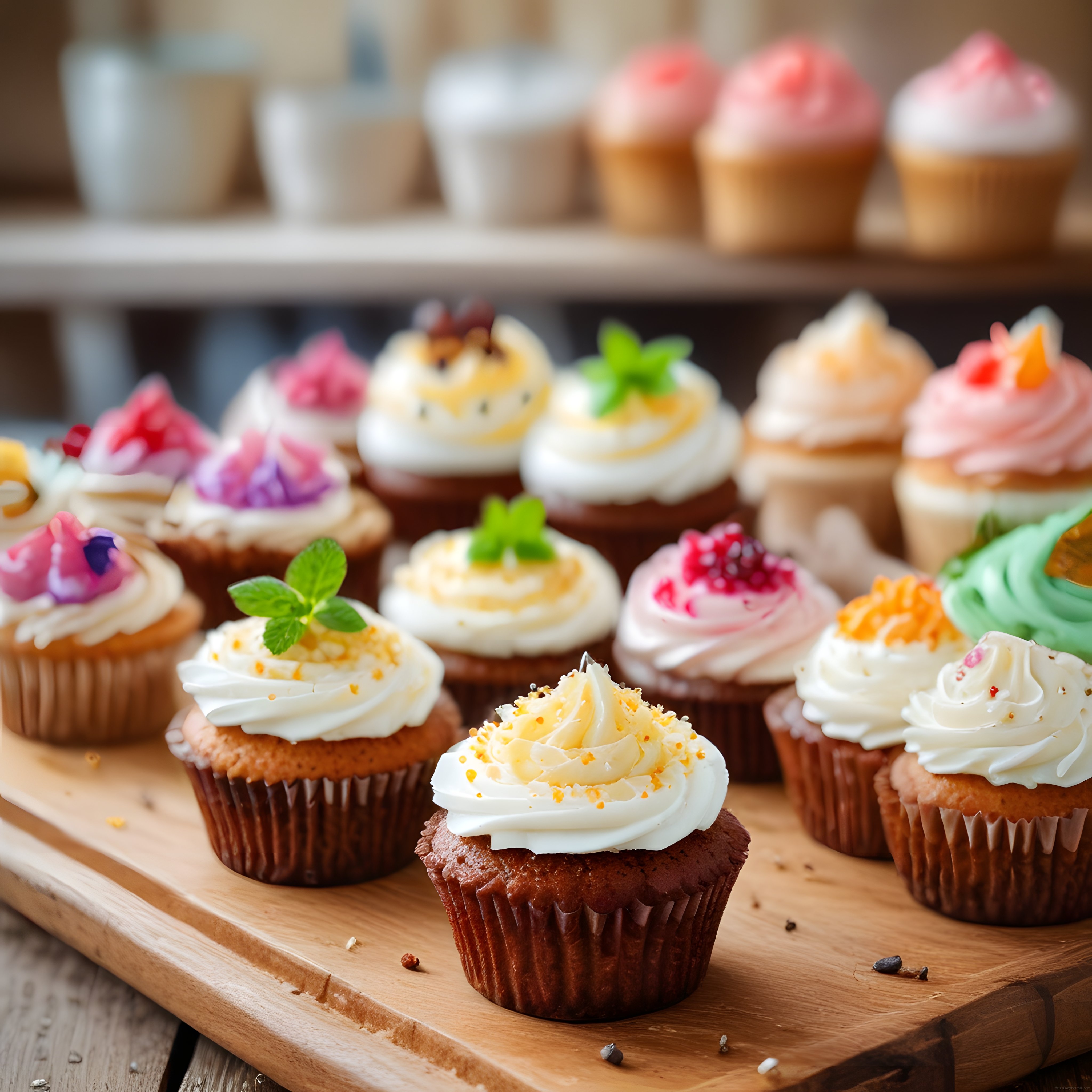 Krem süslemeli renkli cupcake'ler ahşap tepside