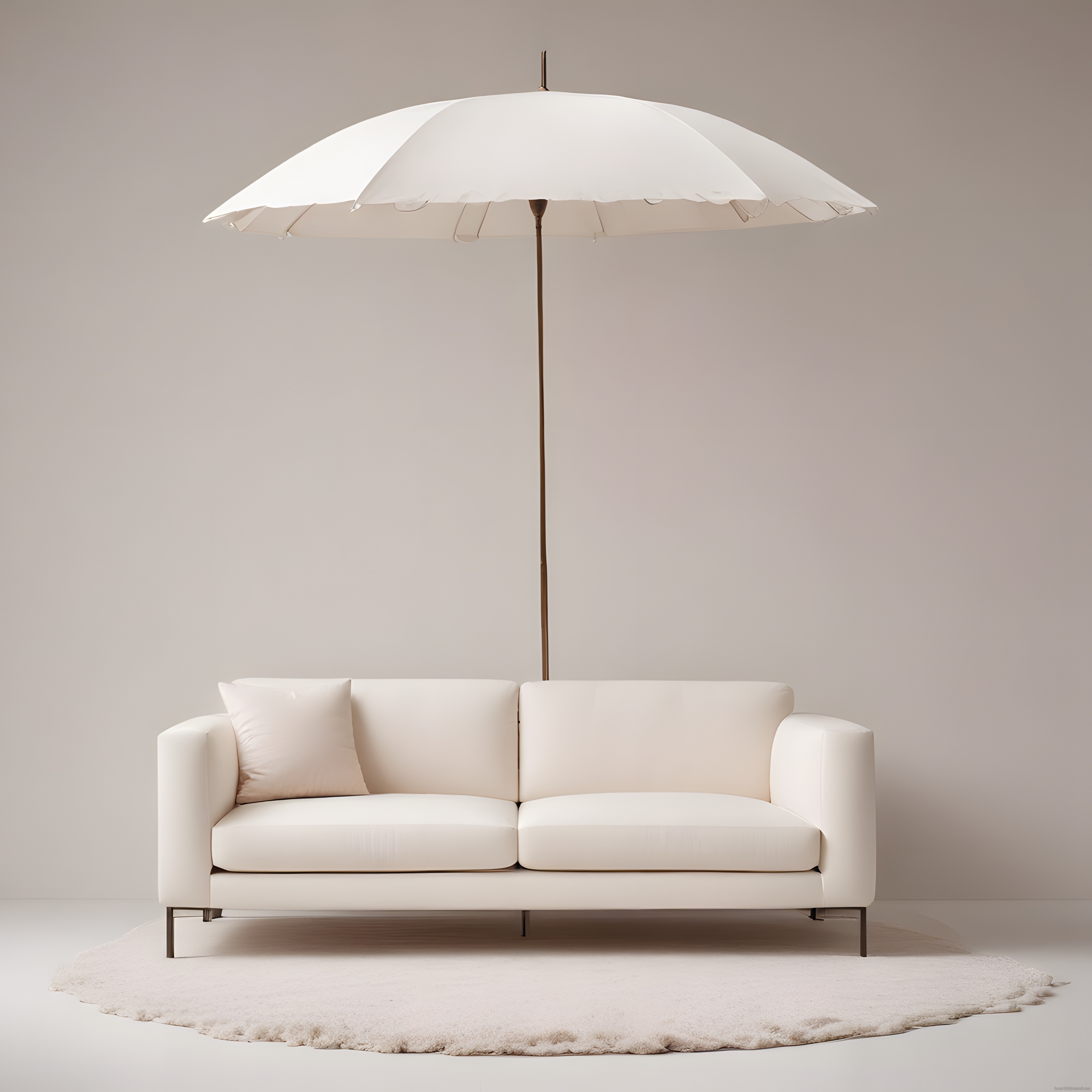 Krem tonlarında minimalist kanepe, halı ve şemsiyeli modern iç mekan dekorasyonu