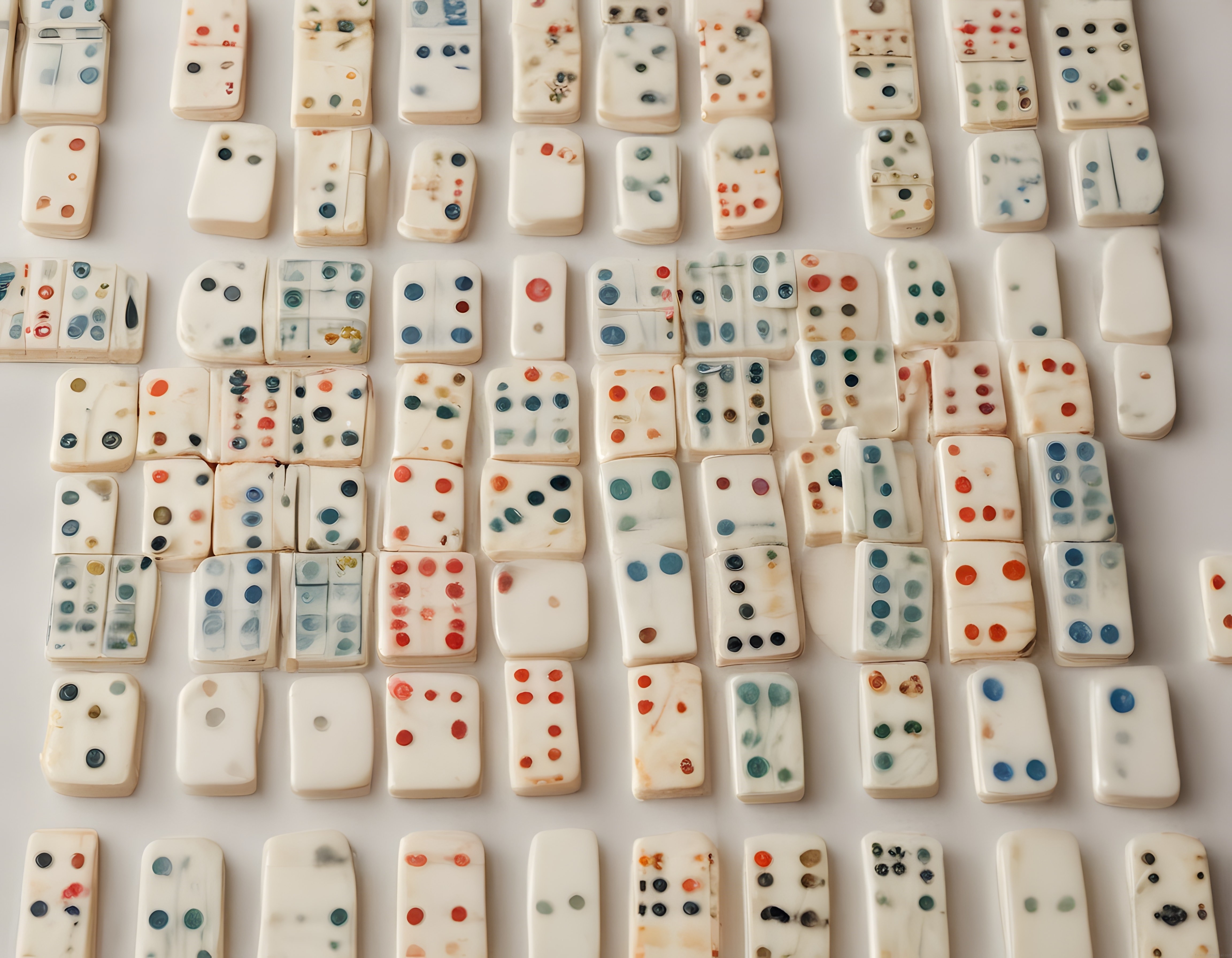 Krem zeminde noktalı el yapımı seramik domino taşları ve renkli desenler