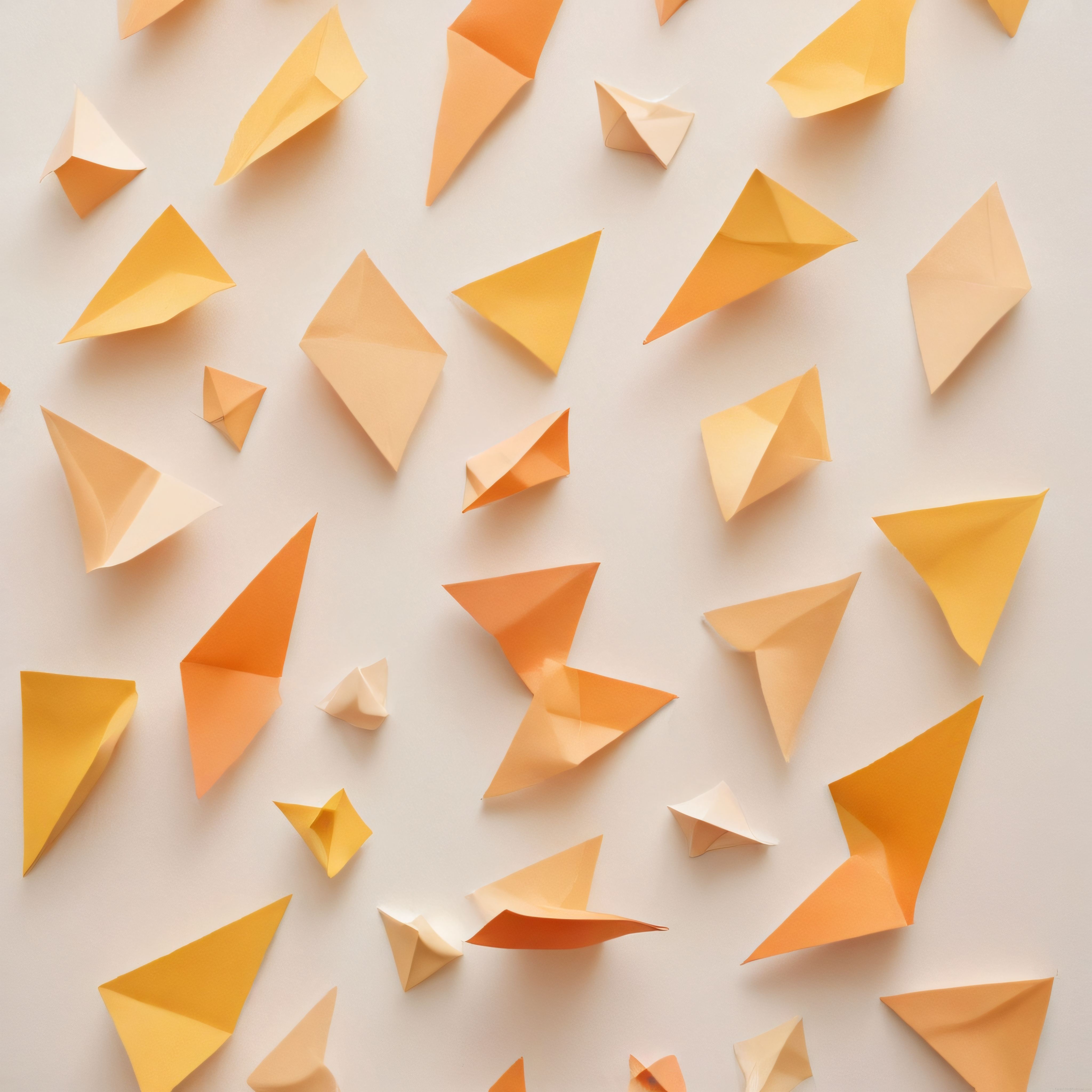 Krem zeminde sanatsal olarak yerleştirilmiş renkli origami parçaları