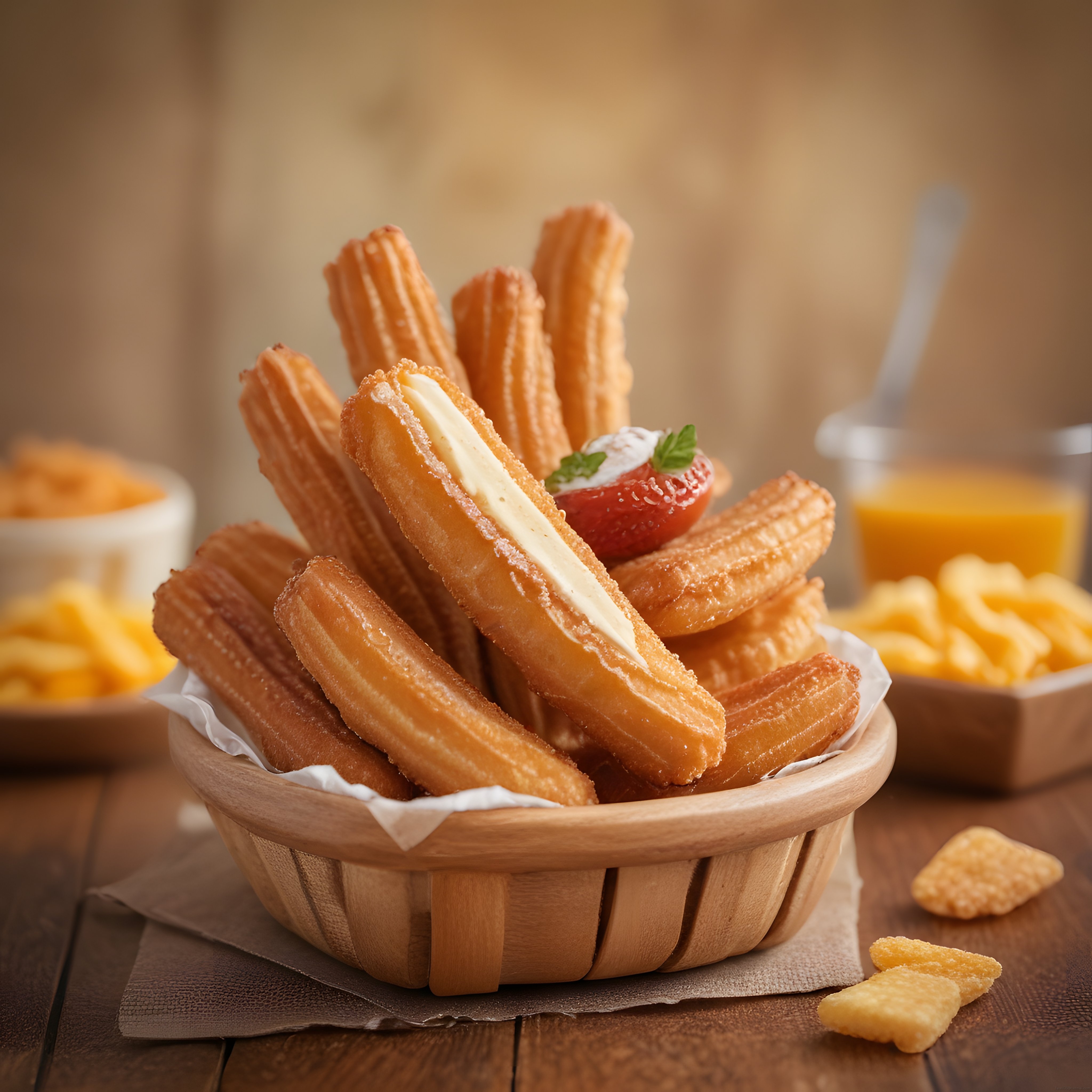 Krema dolgulu çıtır churros, çilek süslemeli ahşap kapta İspanyol tatlı sunumu