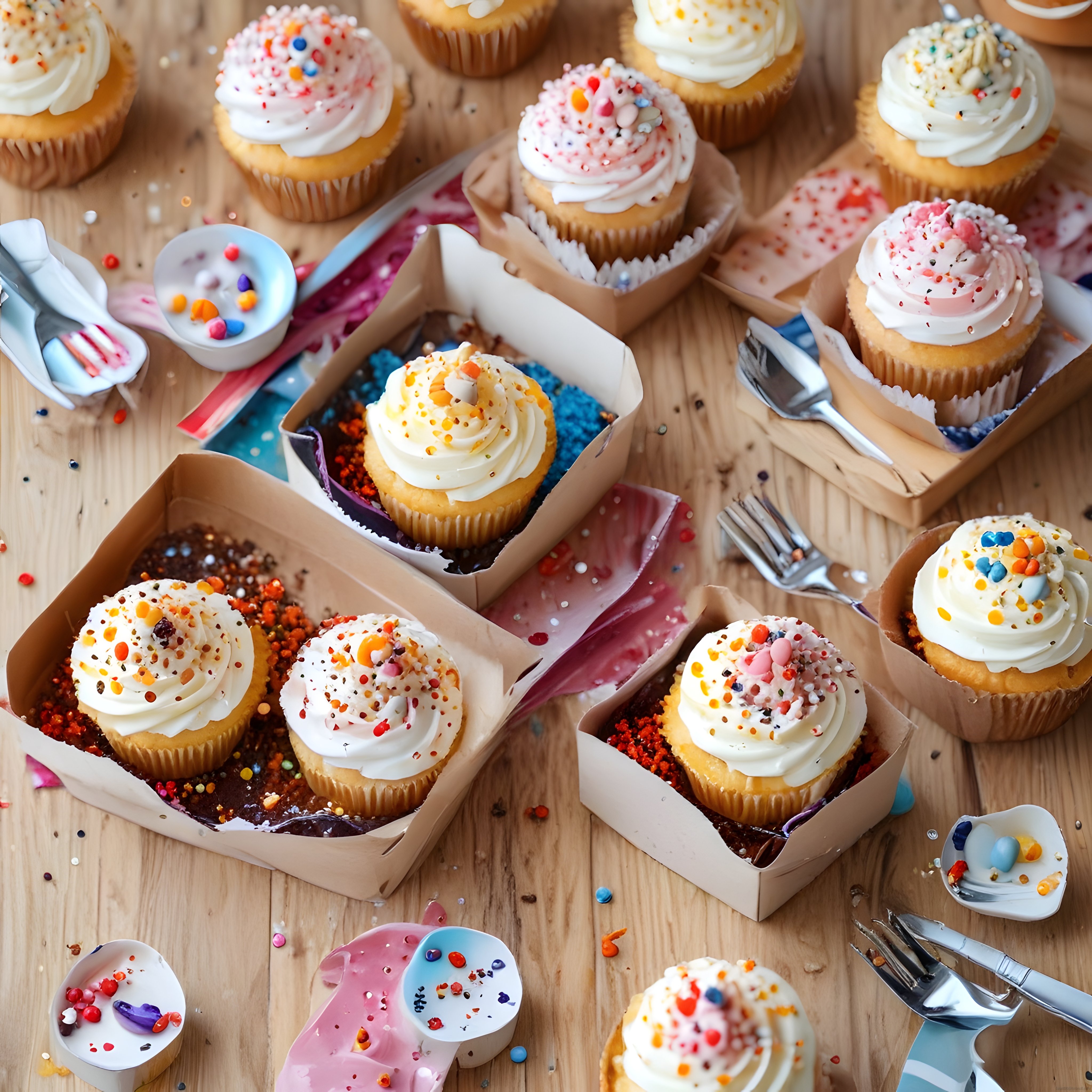 Krema kaplamalı ve renkli şekerlemeli cupcake'lerden oluşan tatlı sunum