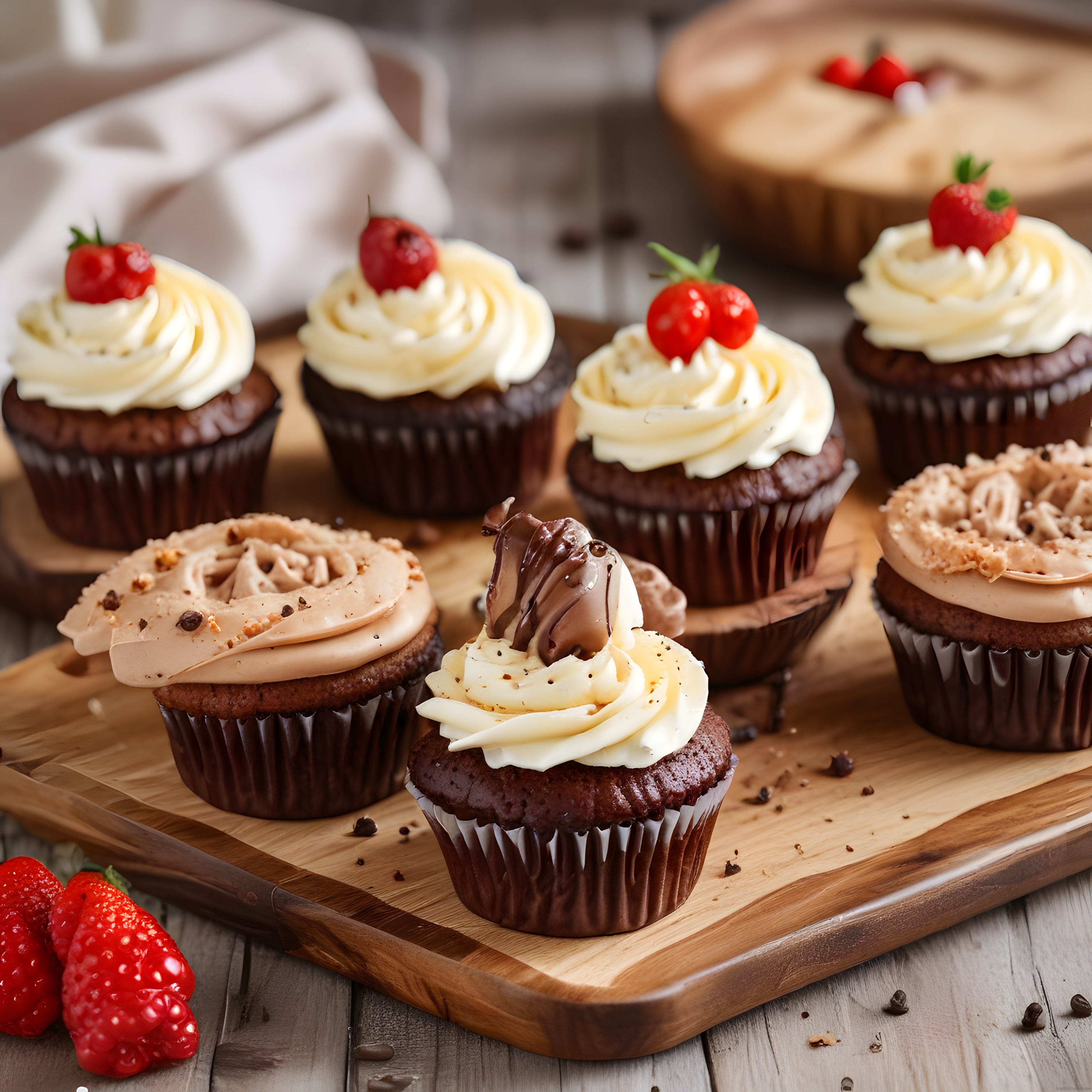 Krema Süslemeli ve Taze Böğürtlenli Ev Yapımı Çikolatalı Cupcake Sunumu