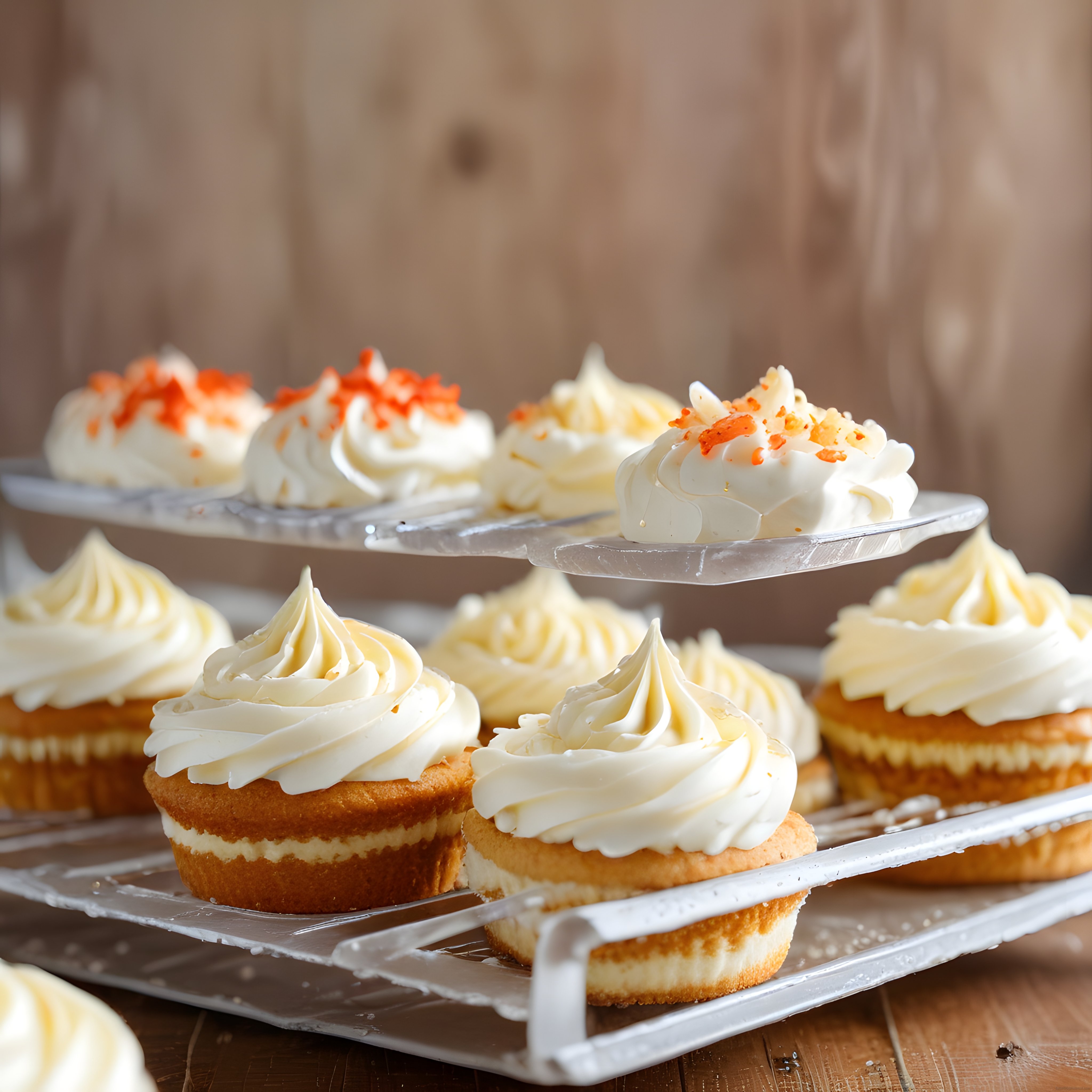 Krema Süslü Ev Yapımı Cupcake'ler: Ahşap Sunum Standında Yumuşacık Tatlılar
