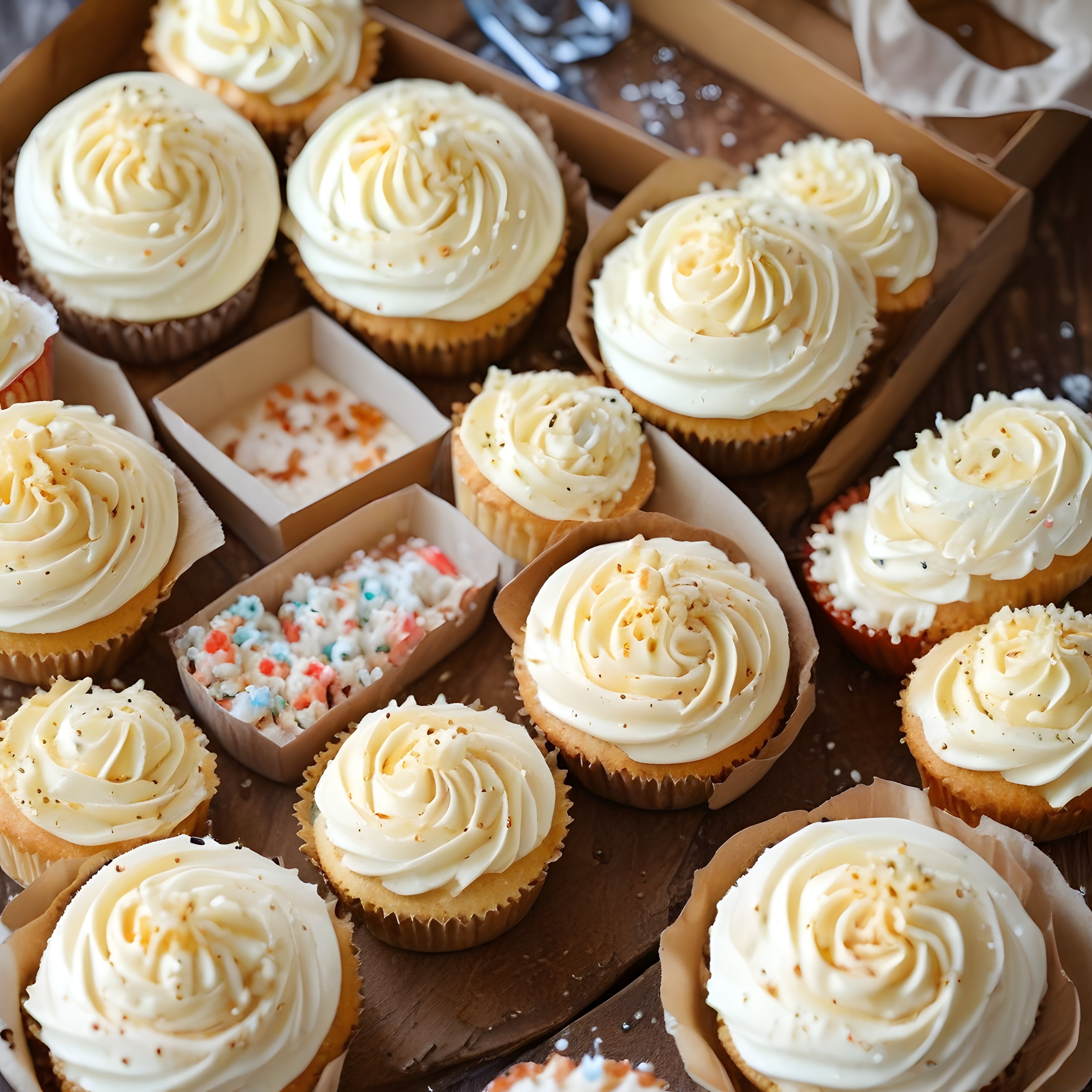 Krema Süslü Taze Cupcakeler ve Renkli Tatlı Süslemeleri Ahşap Tepsi Üzerinde