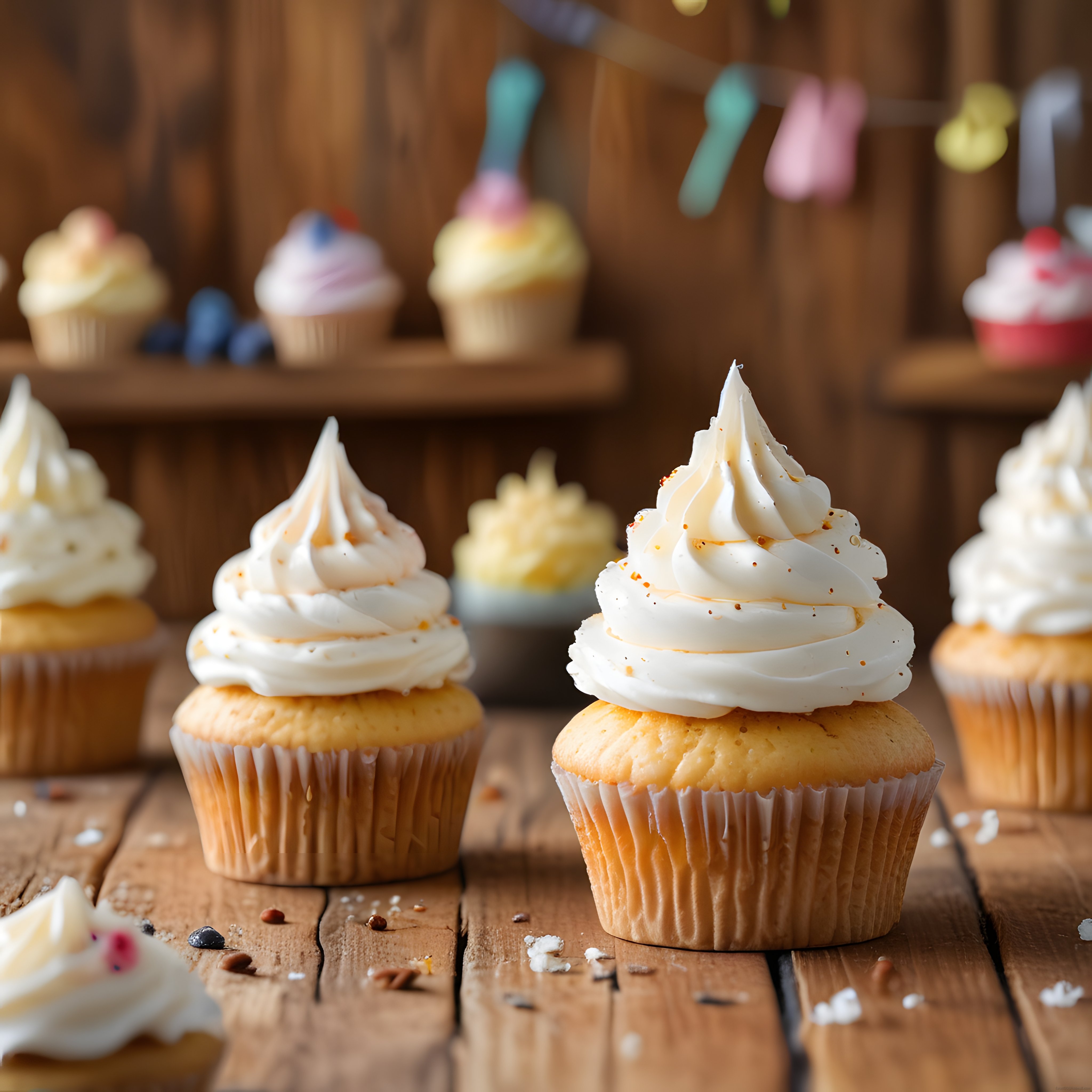 Krema Süslü Vanilya Cupcake'lerle Rustik Tatlı Masaüstü Manzarası