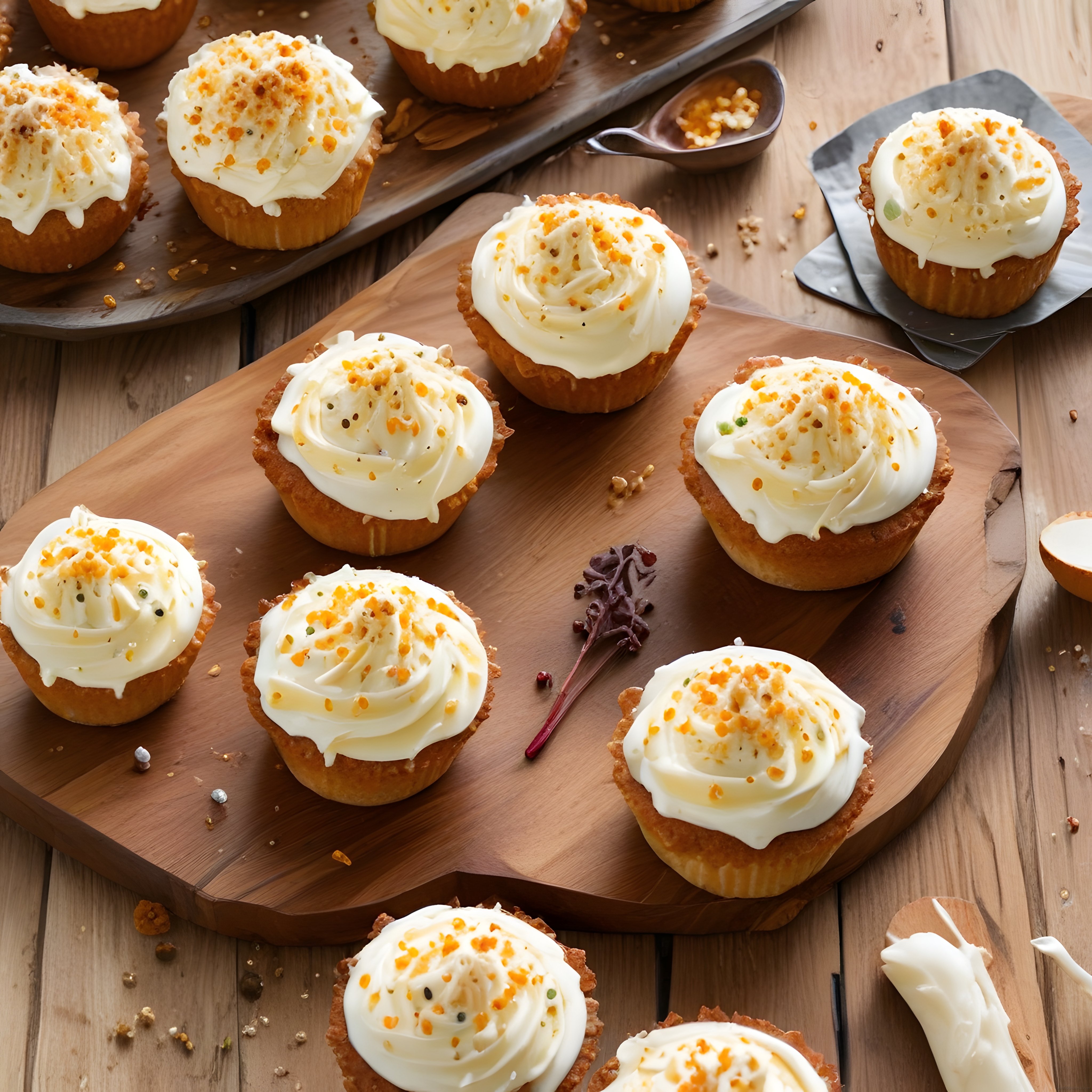 Krema Süslü ve Portakal Parçacıklı Cupcake'ler Rustik Ahşap Sunum Tahtasında