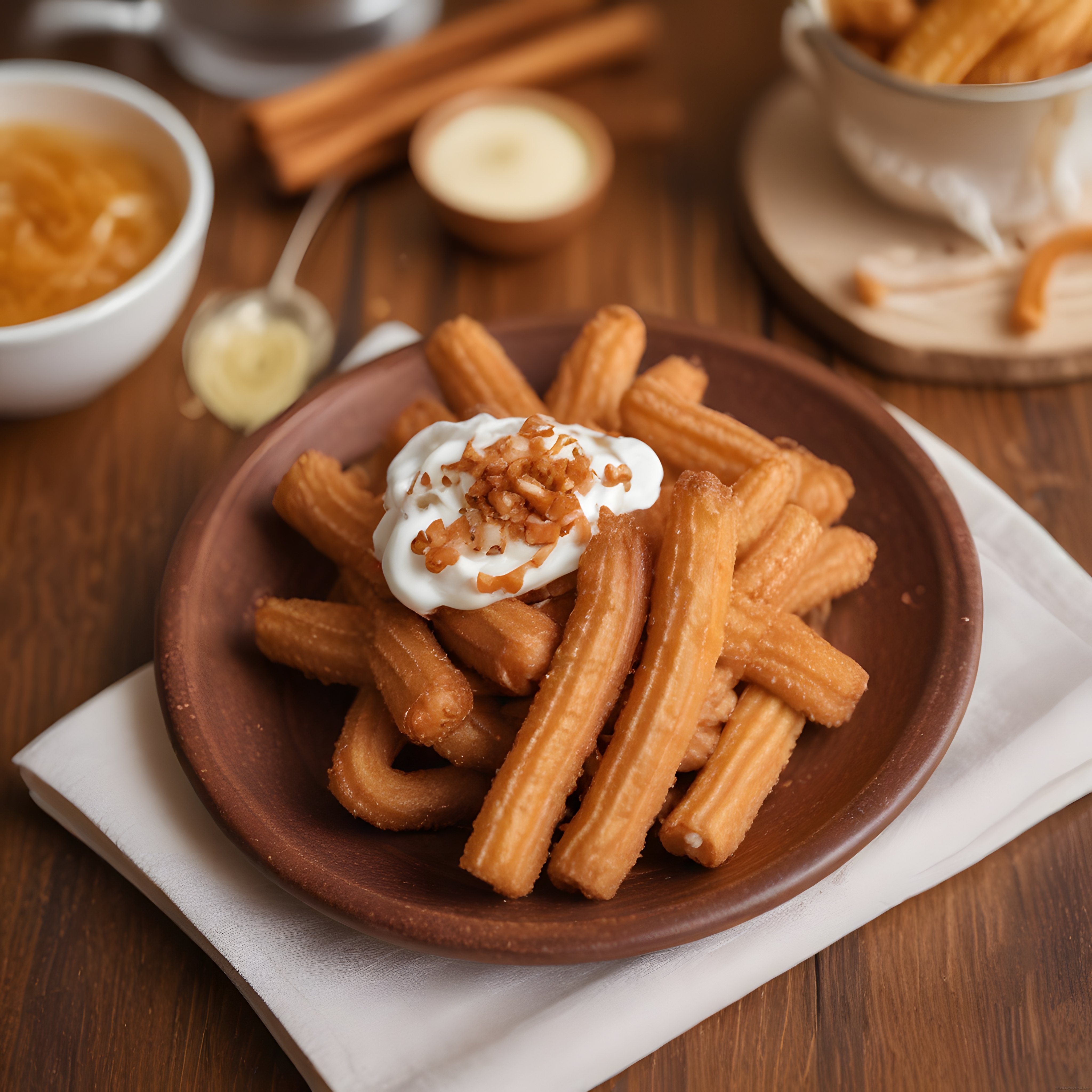 Krema ve kırık cevizle servis edilen kızarmış churros tatlısı