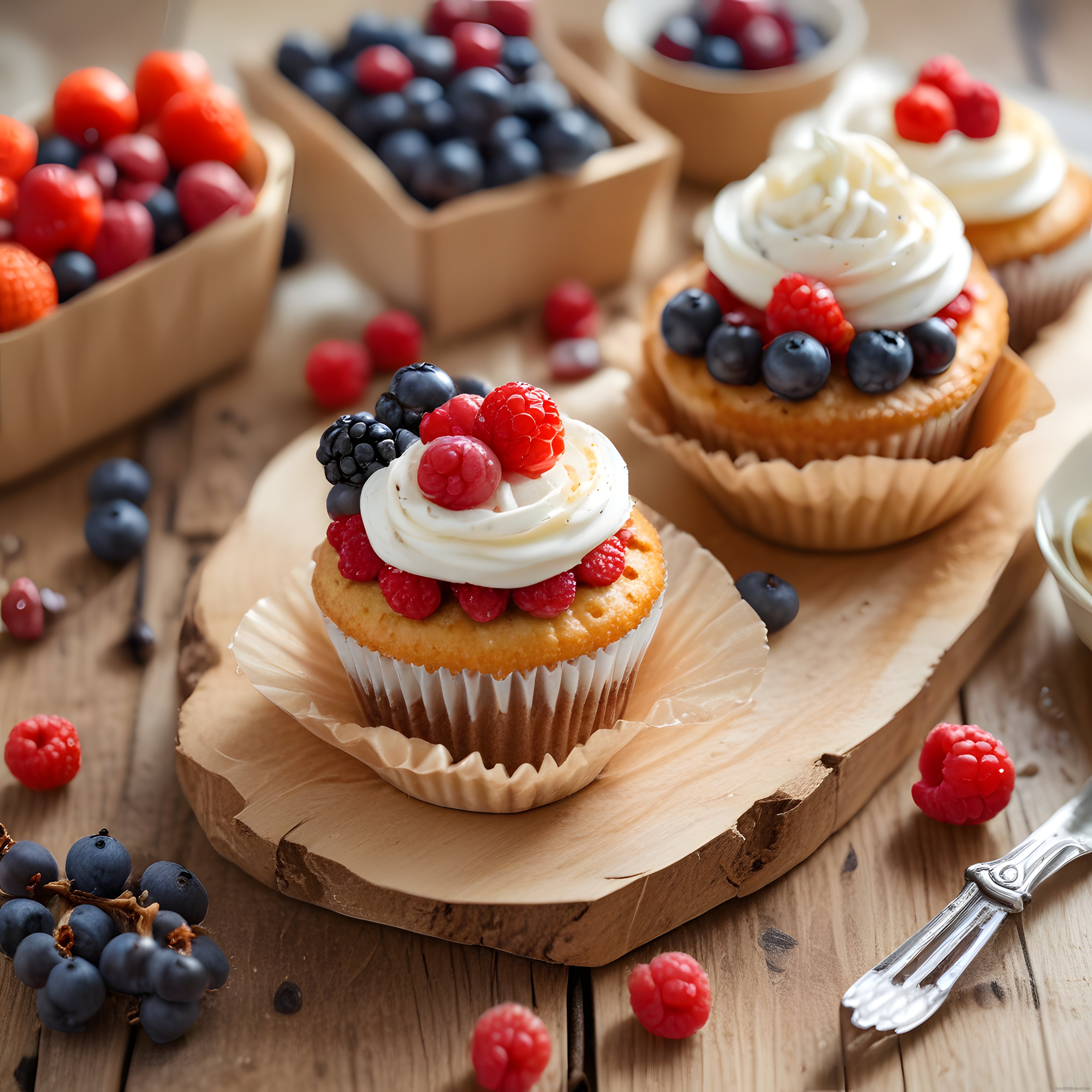 Krema ve Orman Meyveleriyle Süslenmiş Taze Cupcake'lerin Nefis Sunumu