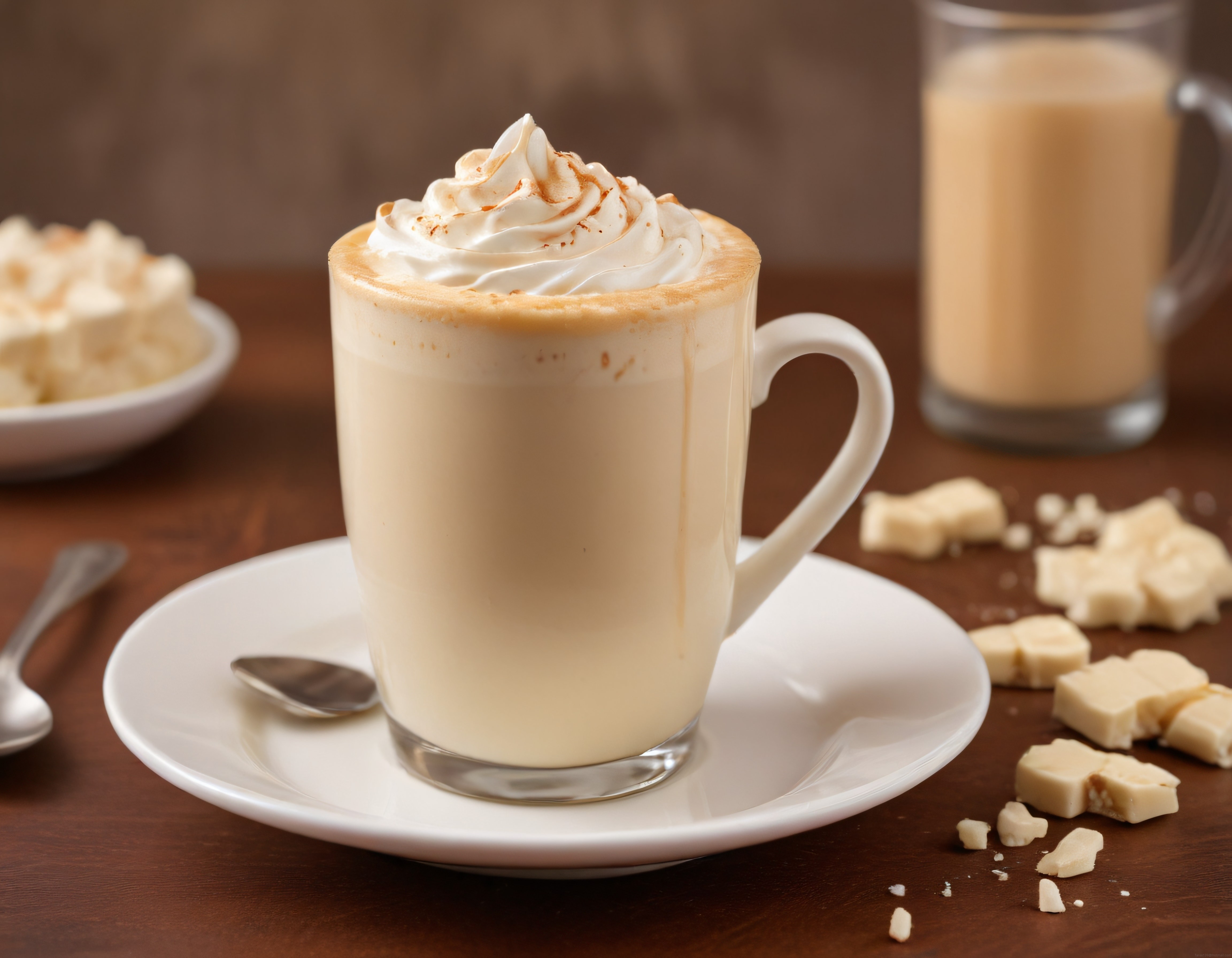 Krema ve Tarçınlı Beyaz Çikolatalı Sıcak Latte Sunumu Fotoğrafı