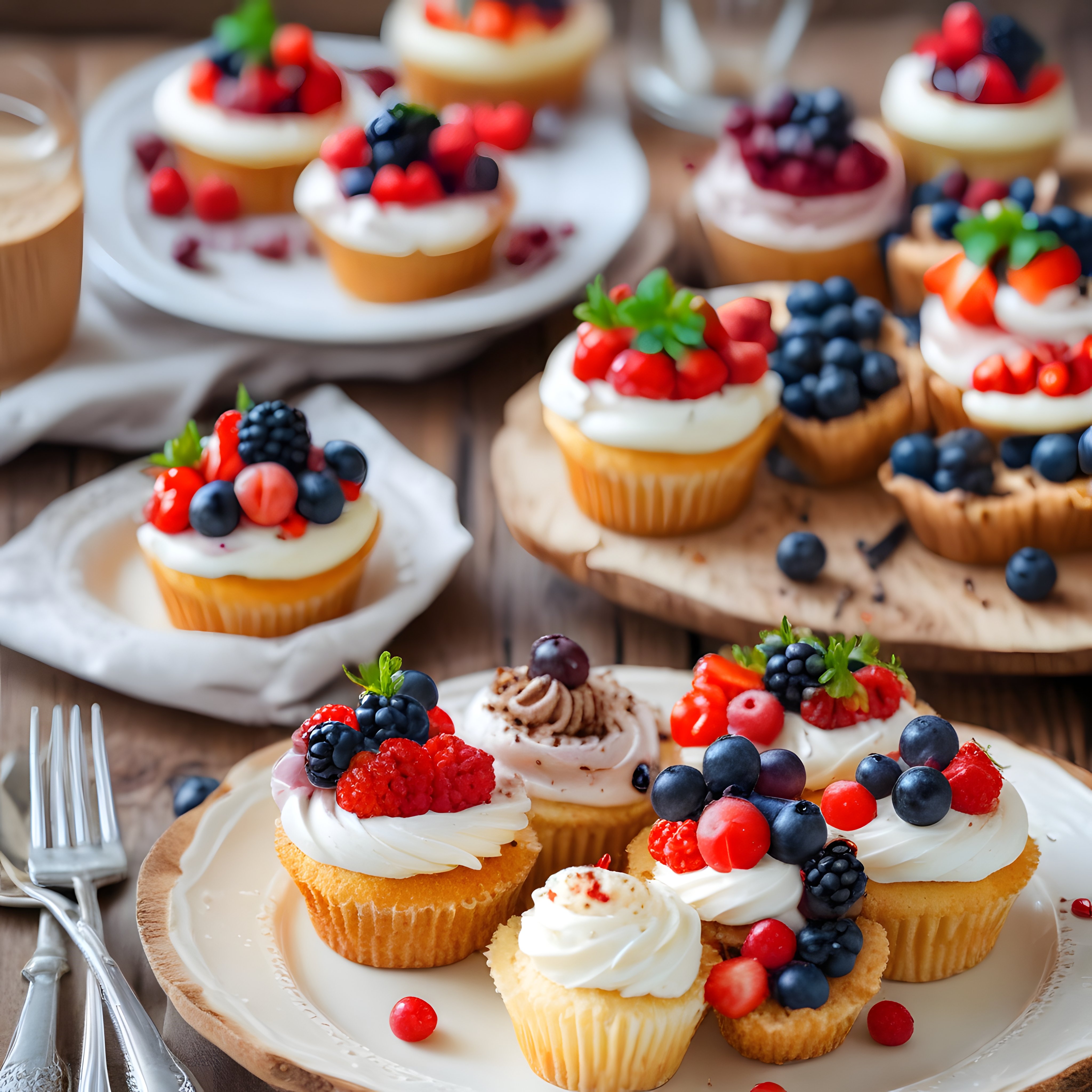 Krema ve Taze Orman Meyveleriyle Süslenmiş Renkli Cupcake ve Tartletler
