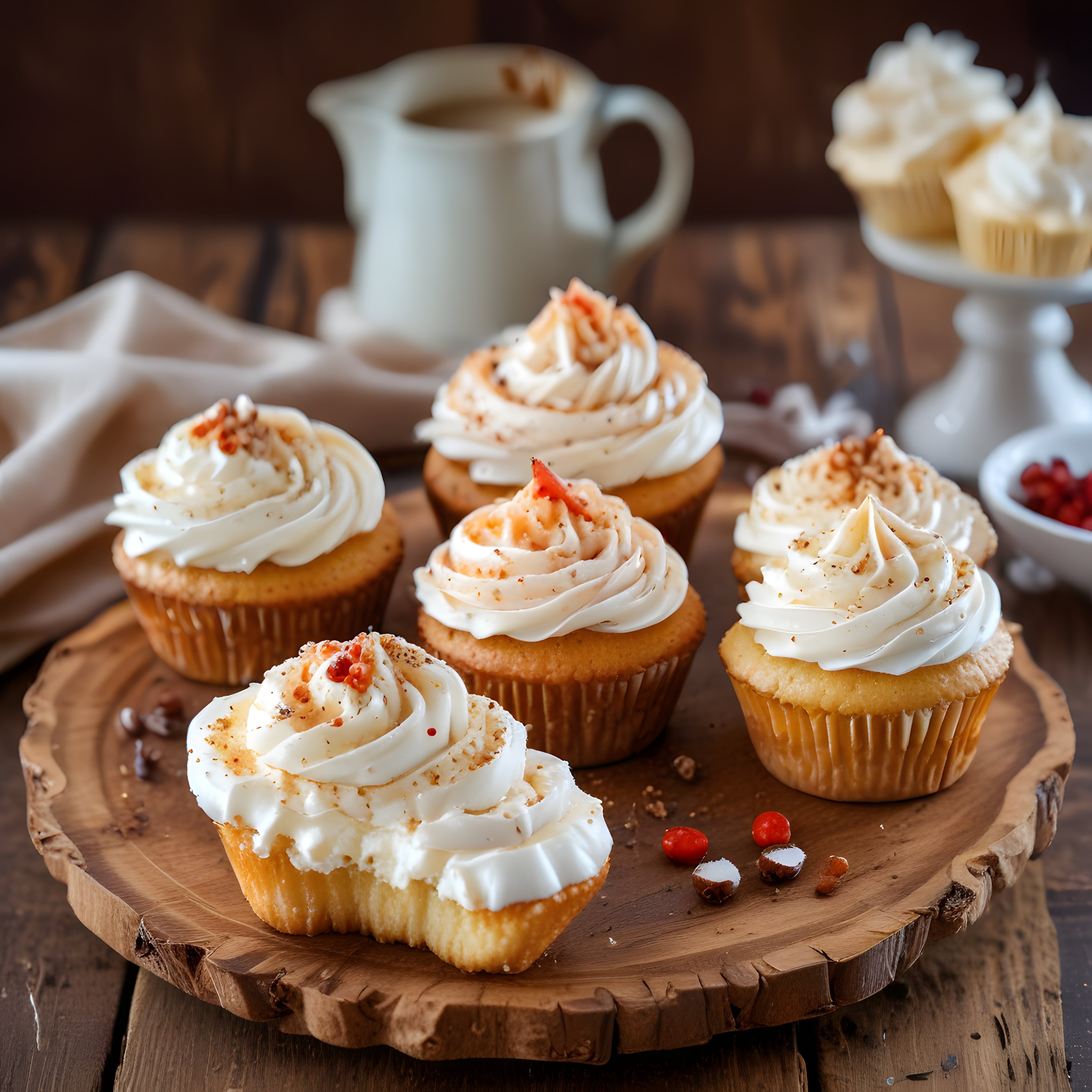 Kremalı baharatlı cupcakelerin rustik ahşap sunum tahtasındaki nefis görünümü