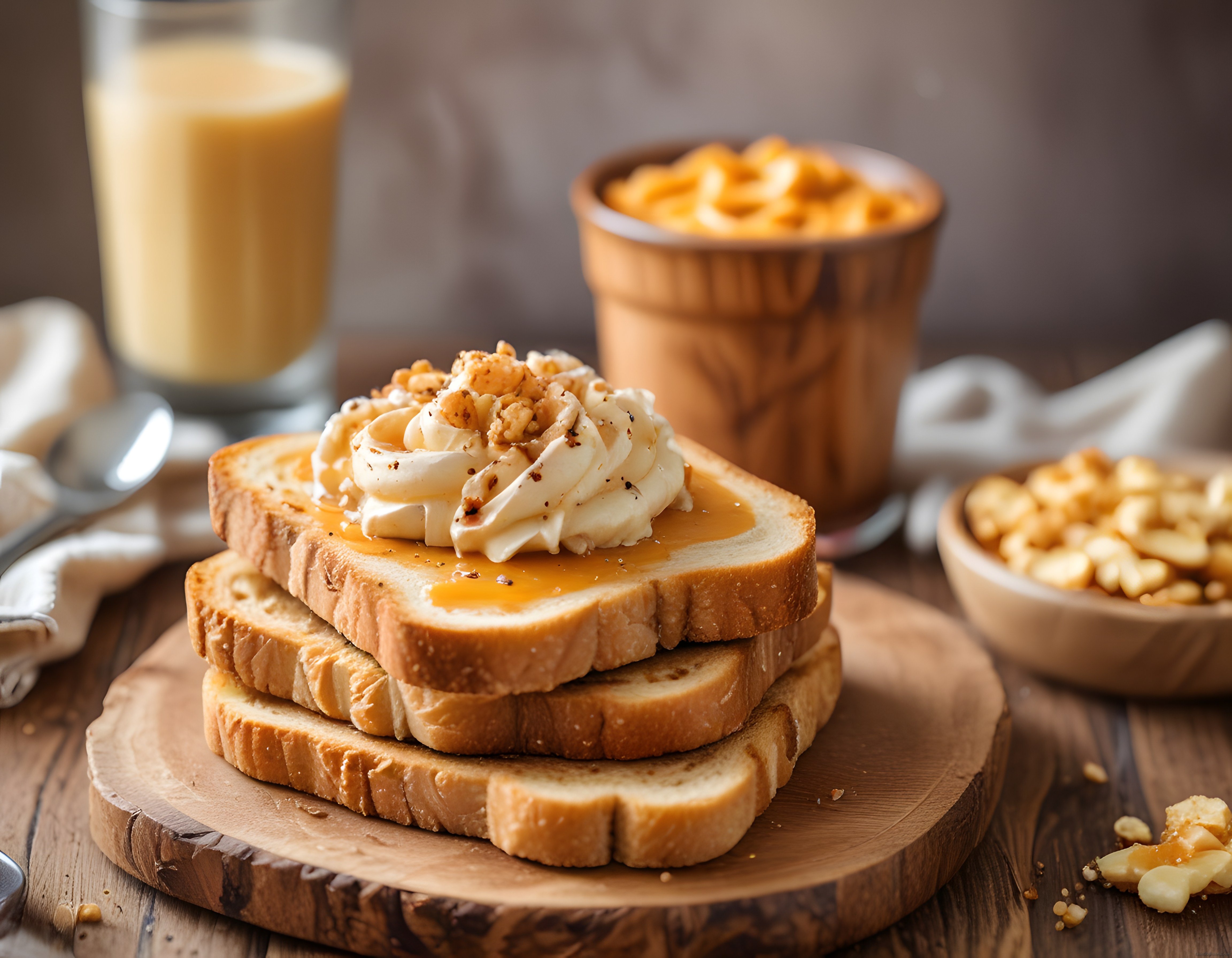 Kremalı Ballı Tost Üzeri Ceviz ile Sıcak Latte Eşliğinde Kahvaltı Sunumu