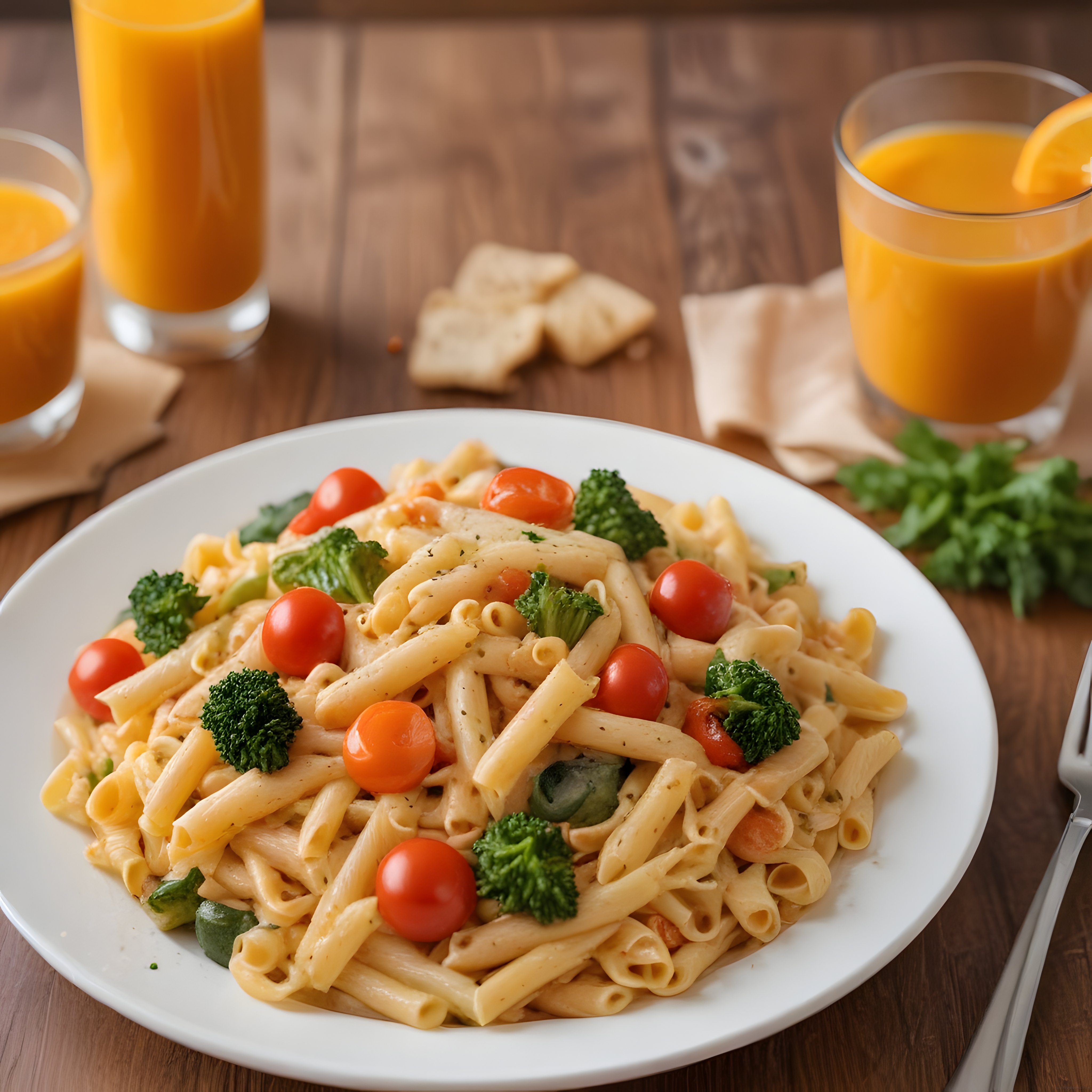 Kremalı Brokolili ve Domatesli Penne Makarna ile Portakal Suyu Sunumu