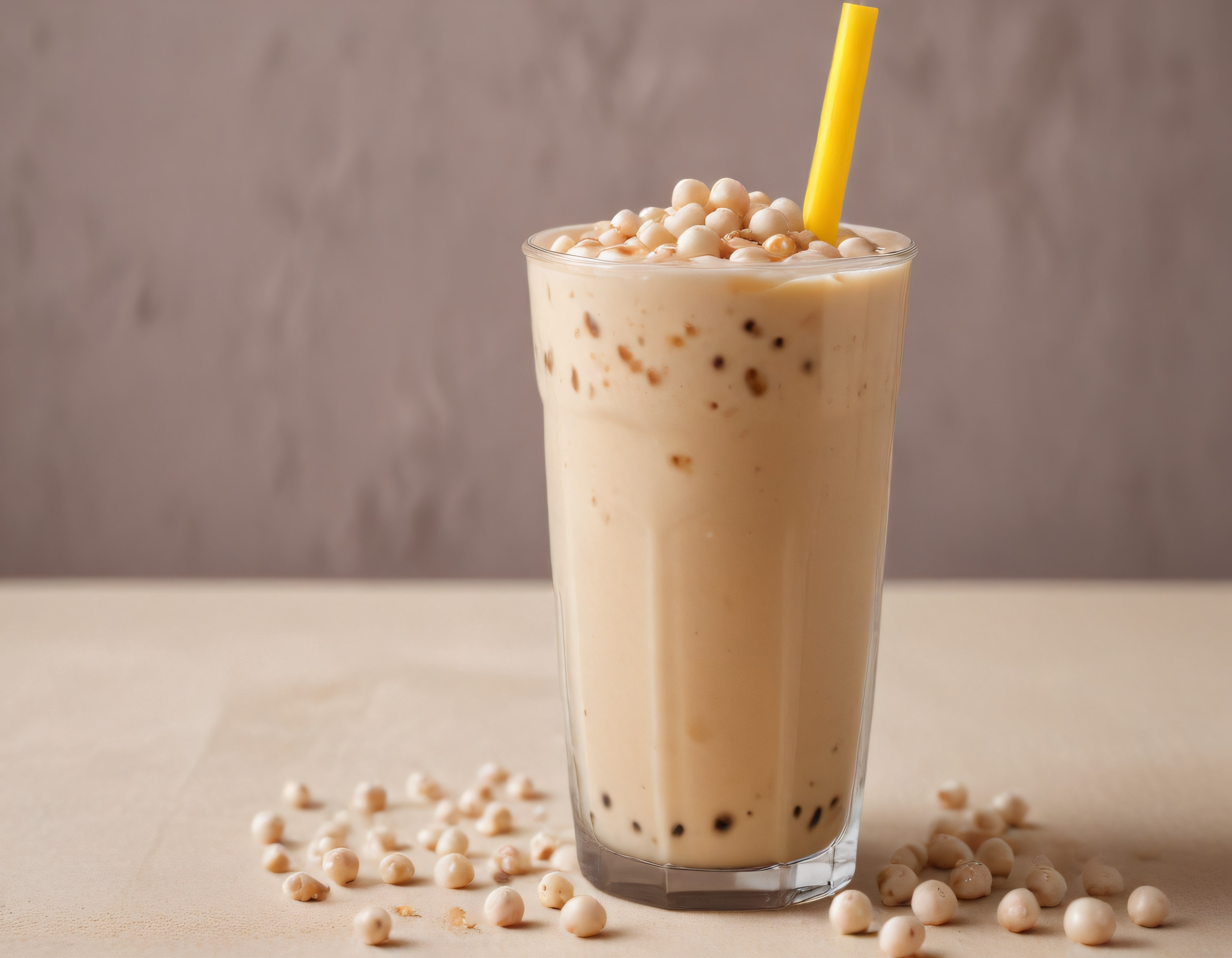 Kremalı Bubble Tea, Tapioka İncileri ve Sarı Pipetli Rustik Masa Sunumu
